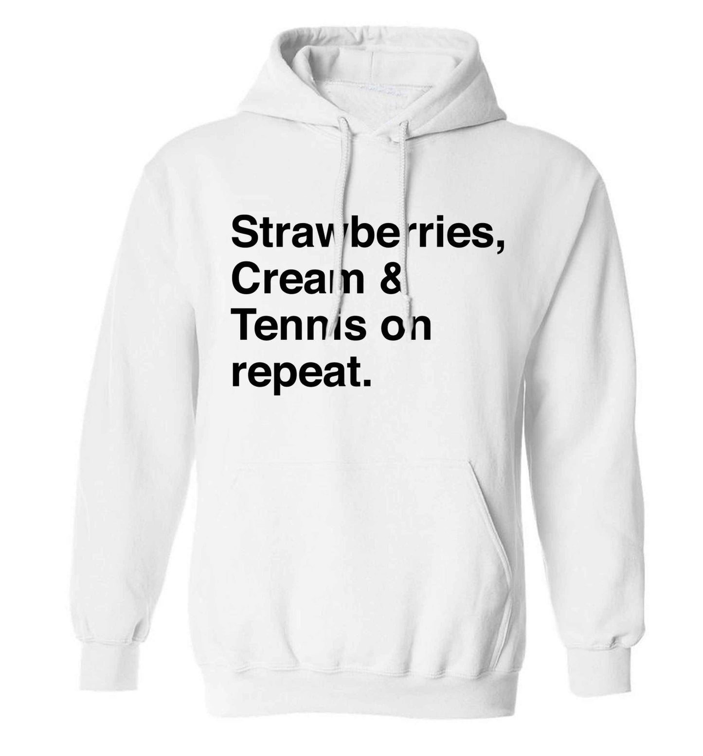 Strawberries, cream and tennis on repeat adults unisex white hoodie 2XL