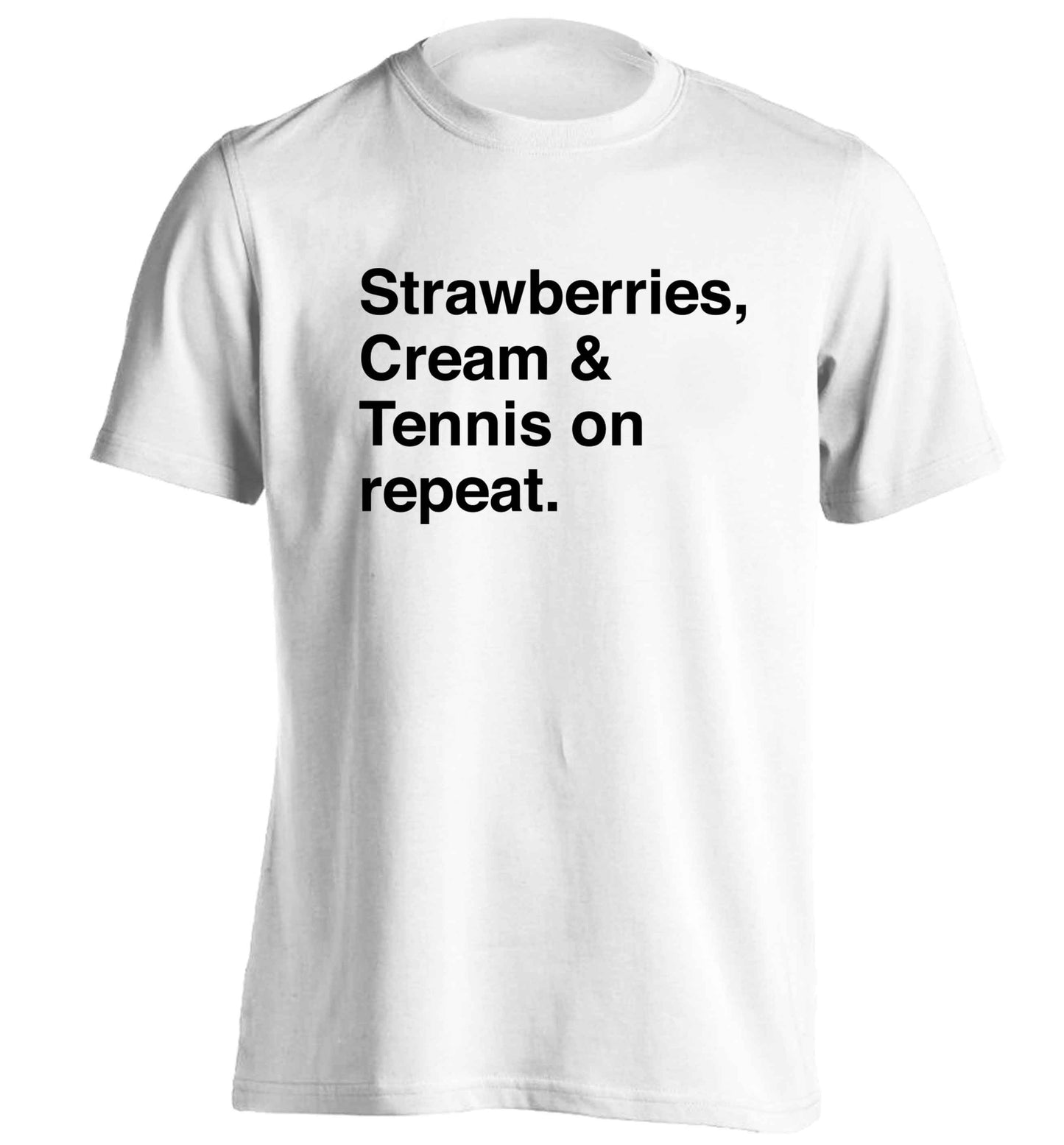 Strawberries, cream and tennis on repeat adults unisex white Tshirt 2XL