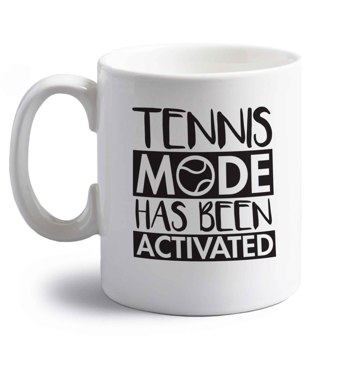 Tennis mode has been activated right handed white ceramic mug 
