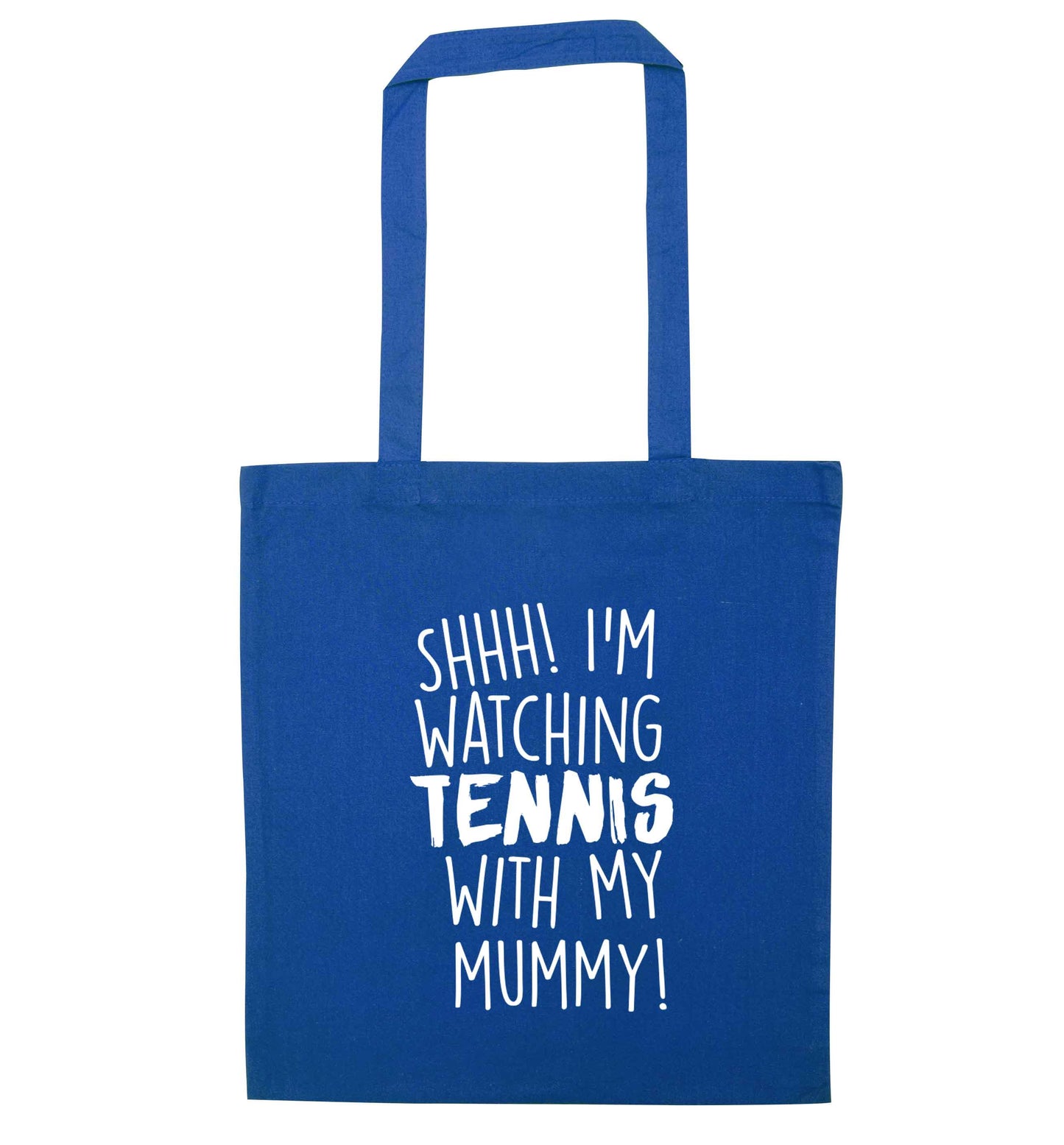 Shh! I'm watching tennis with my mummy! blue tote bag
