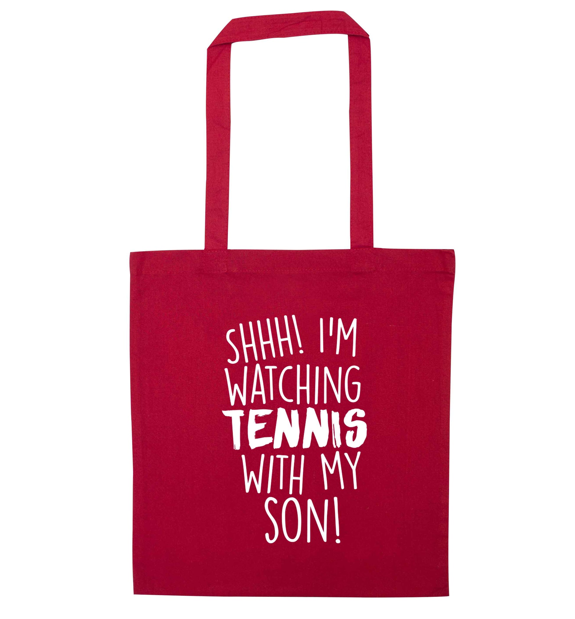 Shh! I'm watching tennis with my son! red tote bag