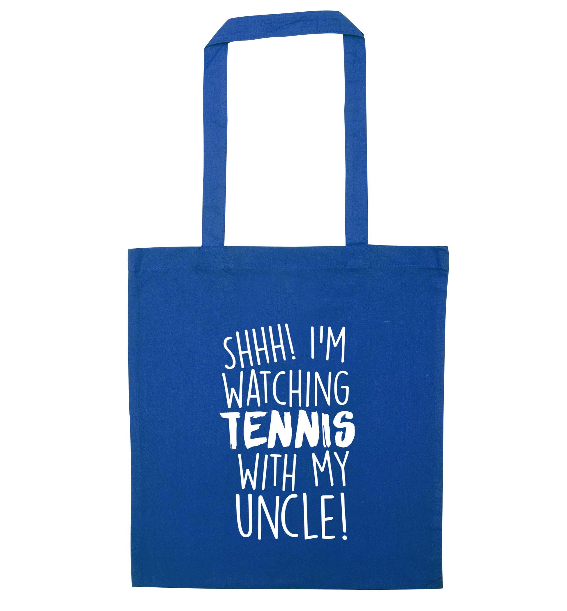 Shh! I'm watching tennis with my uncle! blue tote bag