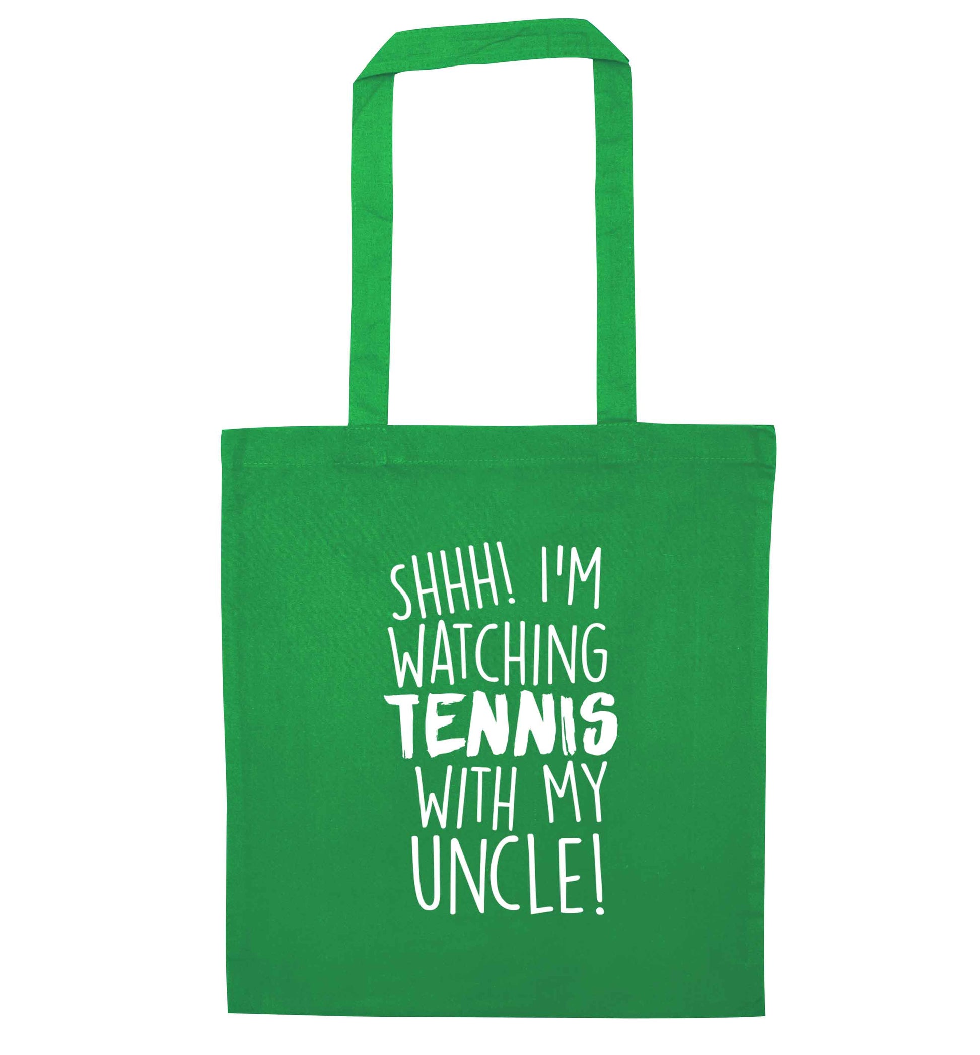 Shh! I'm watching tennis with my uncle! green tote bag