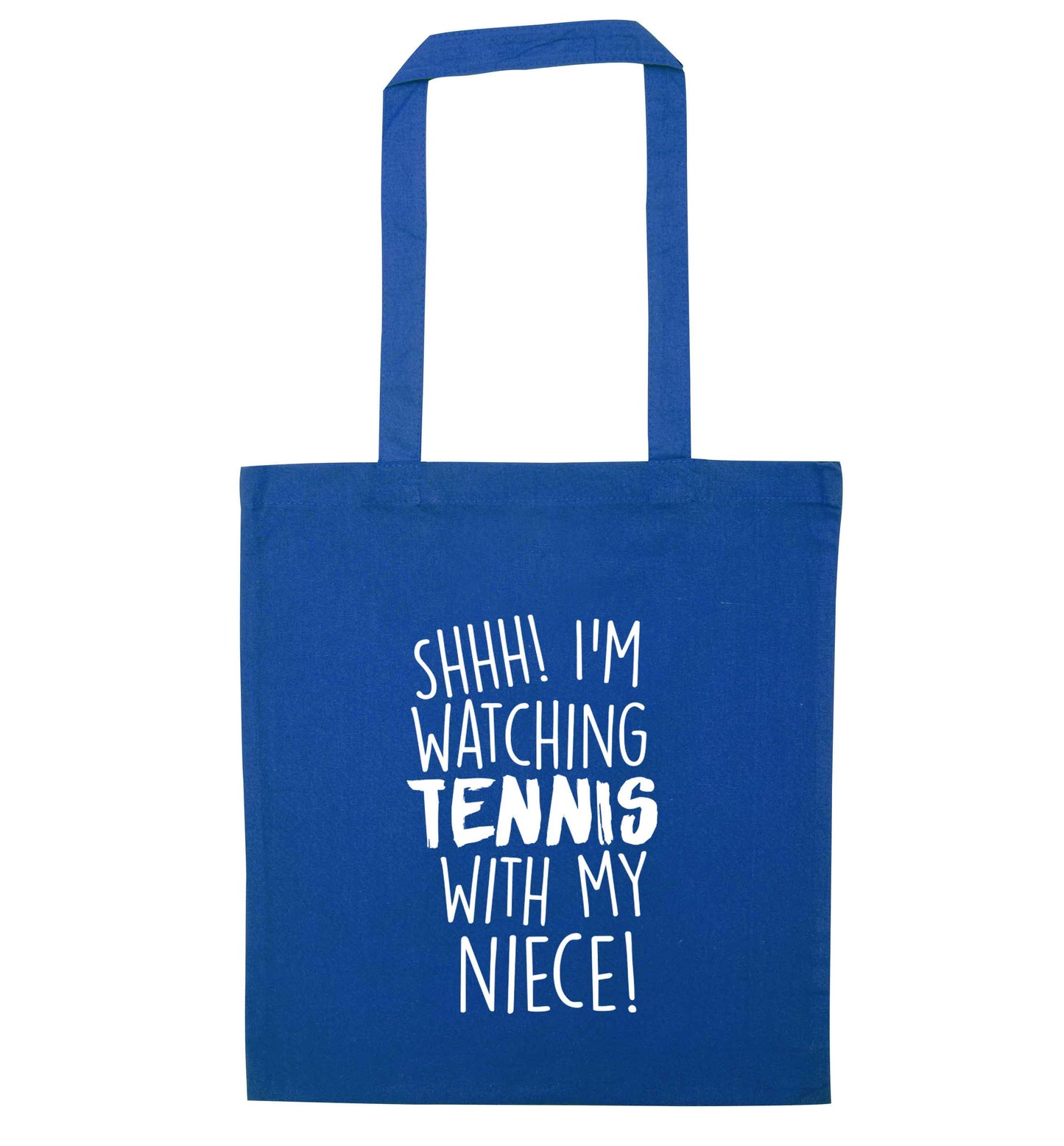 Shh! I'm watching tennis with my niece! blue tote bag