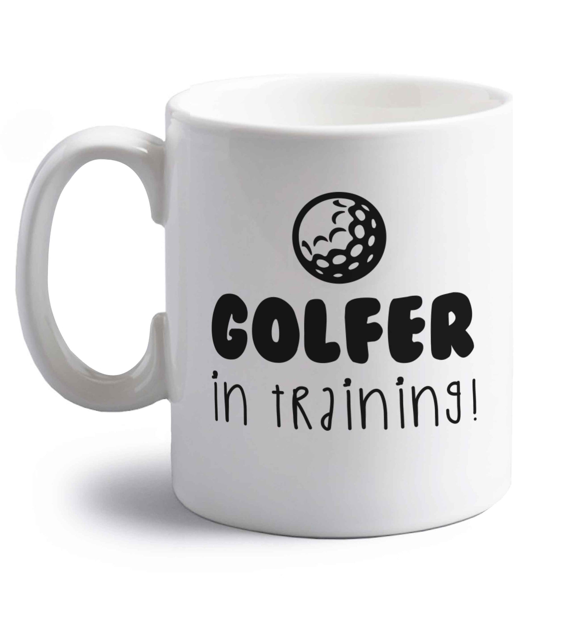 Golfer in training right handed white ceramic mug 