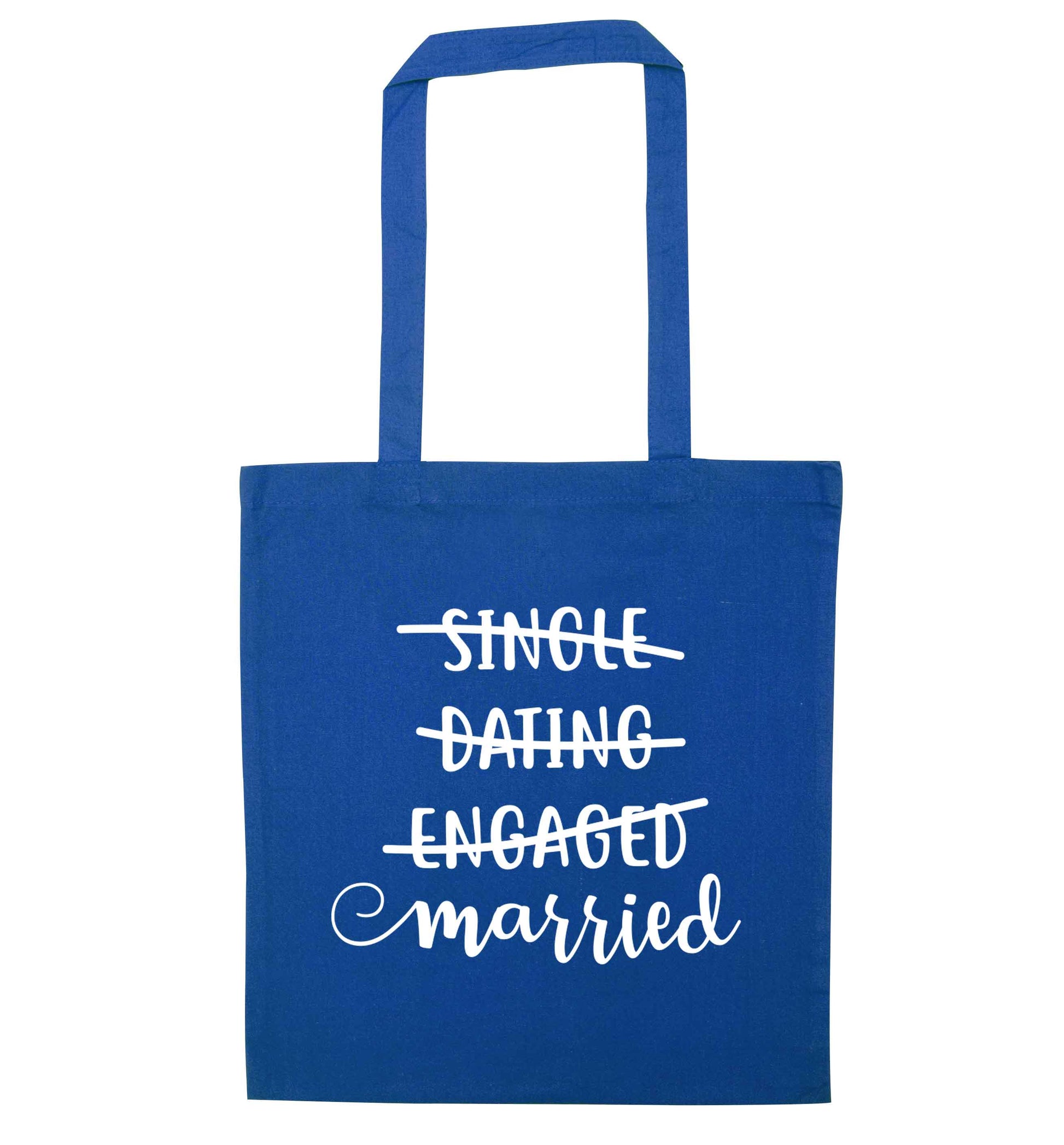 Single, dating, engaged, married blue tote bag
