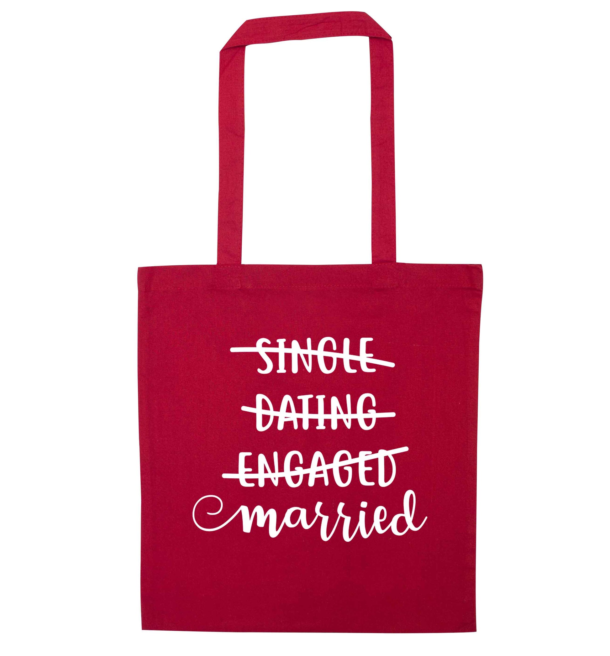 Single, dating, engaged, married red tote bag