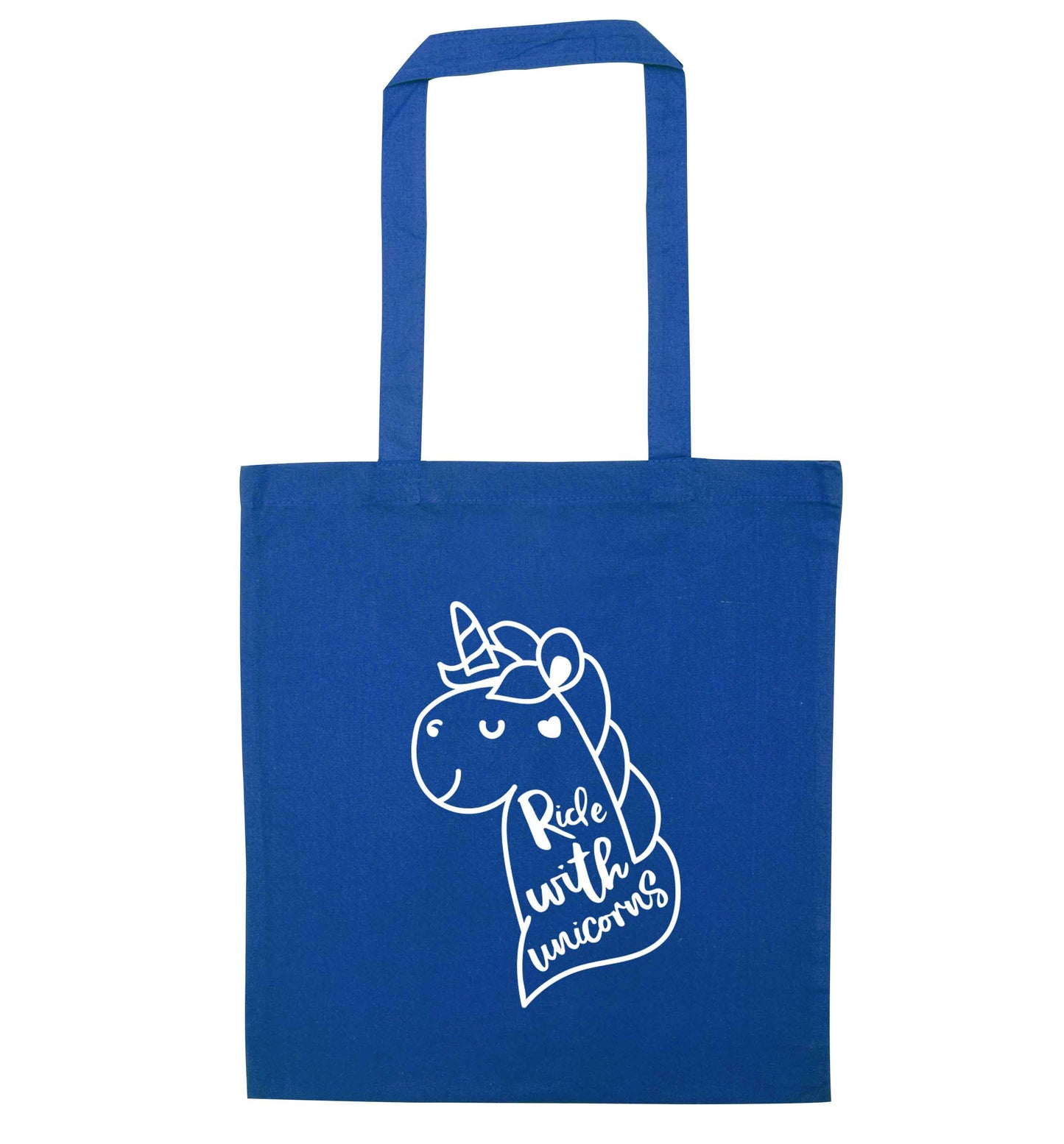 Ride with unicorns blue tote bag