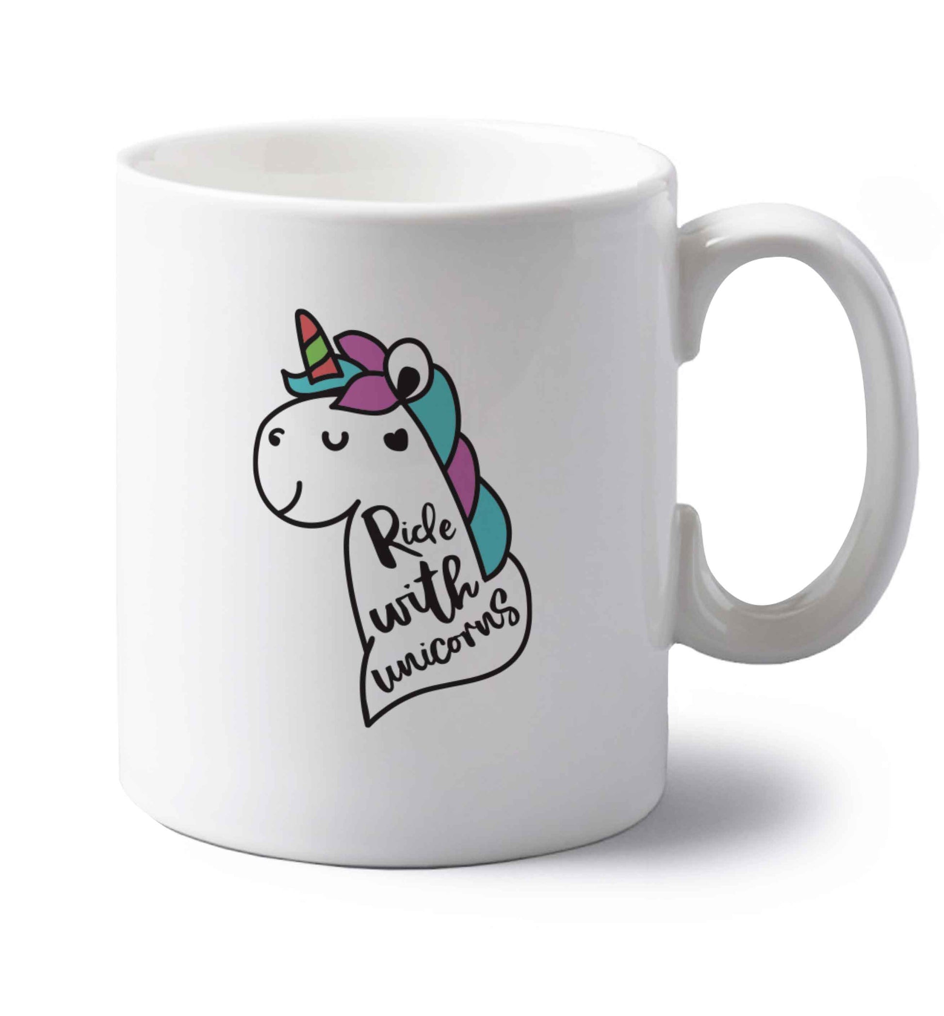 Ride with unicorns left handed white ceramic mug 