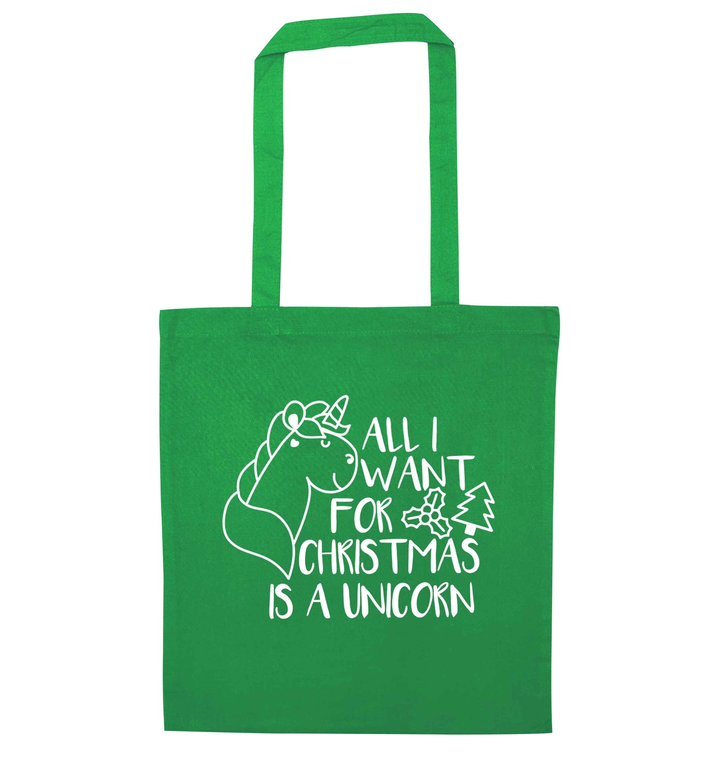 All I want for Christmas is a unicorn green tote bag