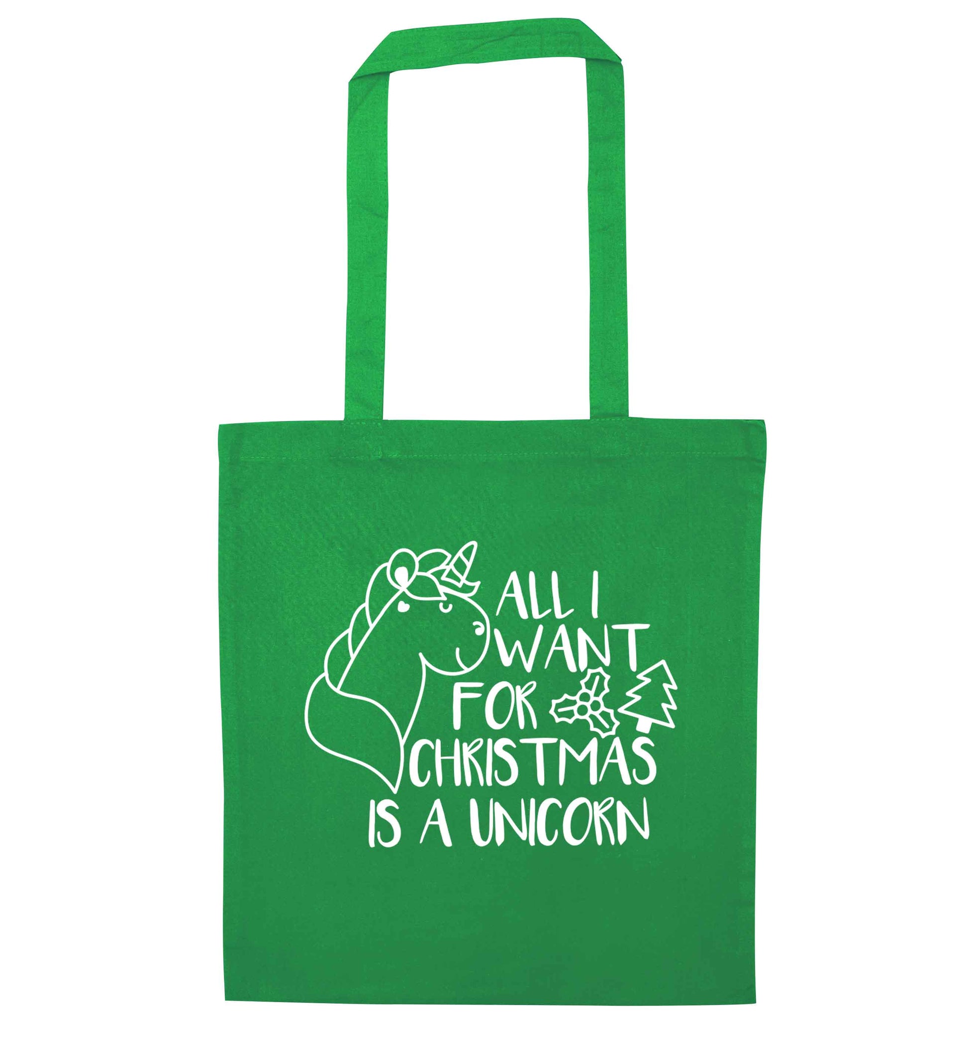 All I want for Christmas is a unicorn green tote bag