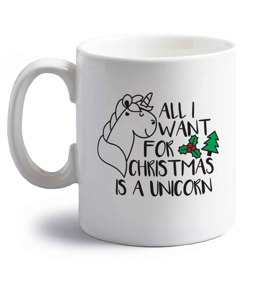 All I want for Christmas is a unicorn right handed white ceramic mug 