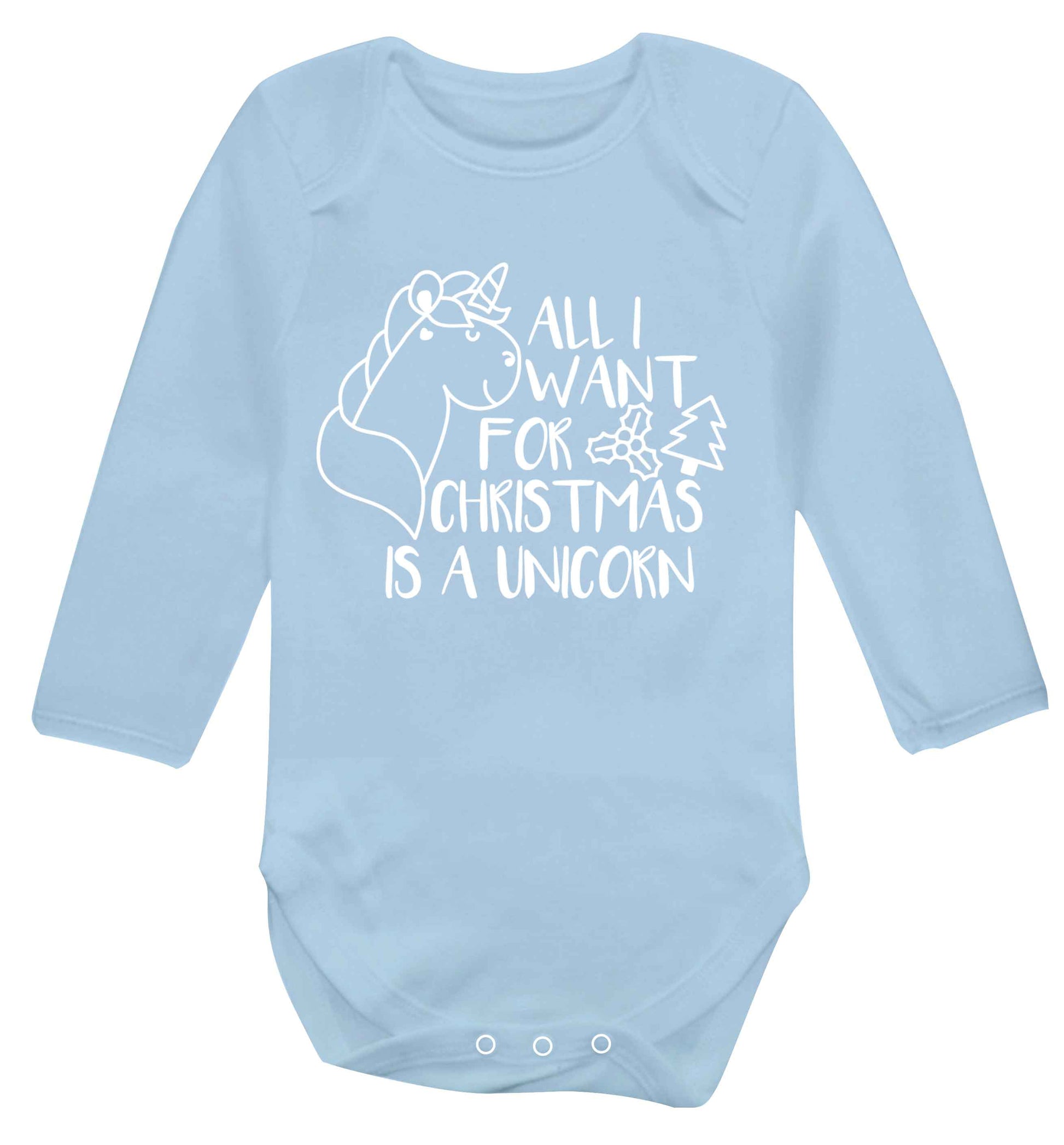All I want for Christmas is a unicorn Baby Vest long sleeved pale blue 6-12 months