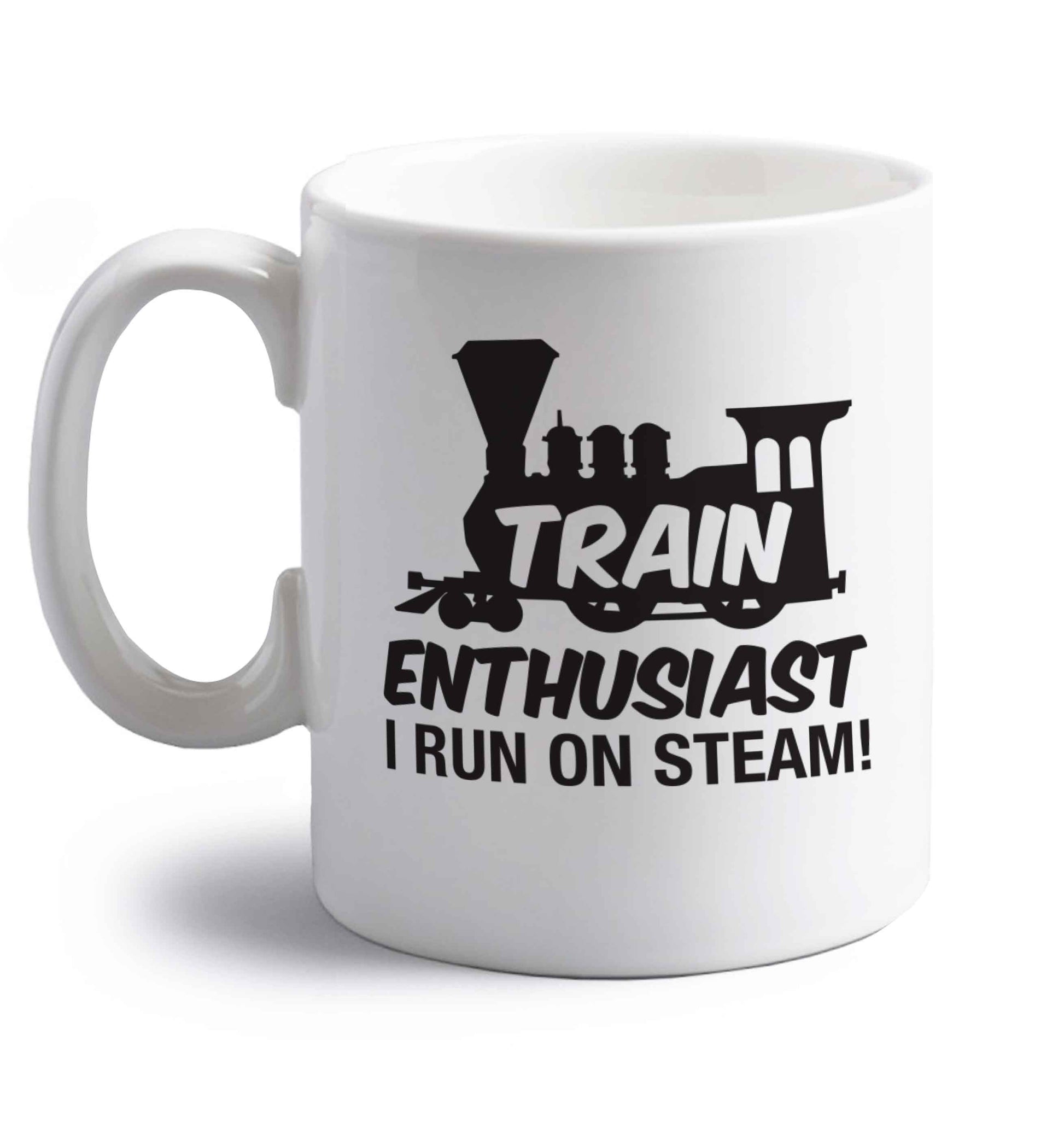 Train enthusiast I run on steam right handed white ceramic mug 