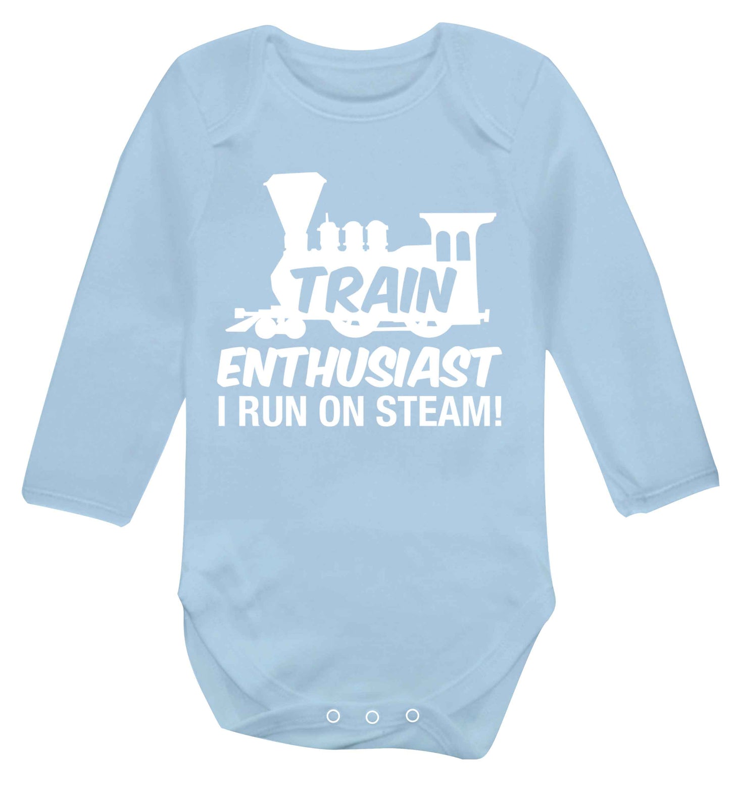 Train enthusiast I run on steam Baby Vest long sleeved pale blue 6-12 months