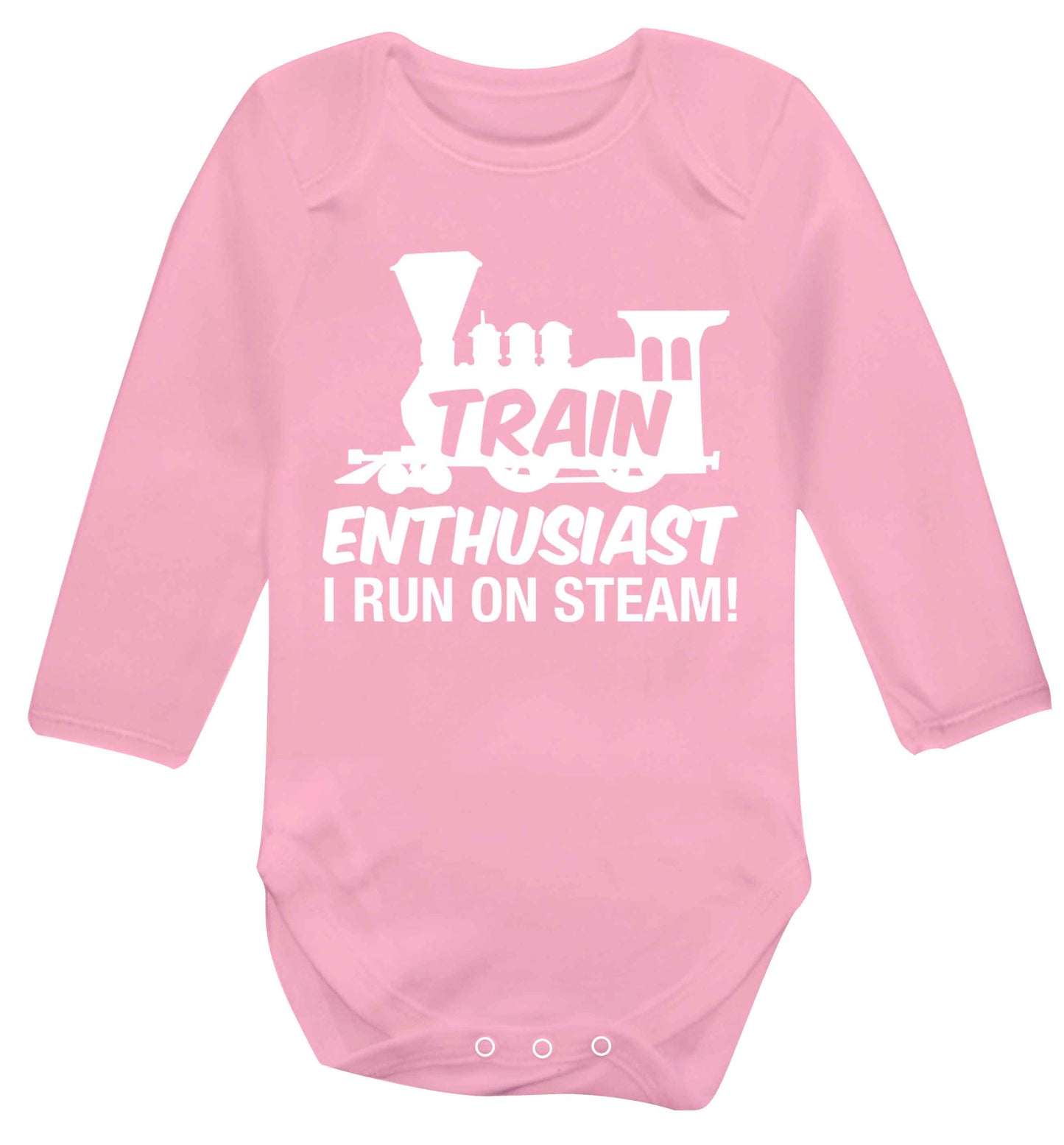 Train enthusiast I run on steam Baby Vest long sleeved pale pink 6-12 months