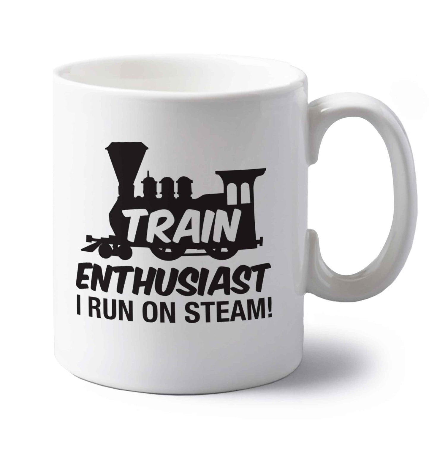 Train enthusiast I run on steam left handed white ceramic mug 