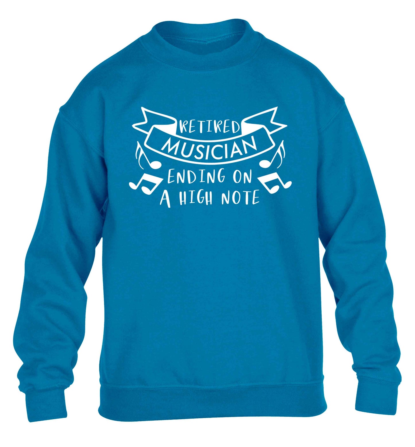 Retired musician ending on a high note children's blue sweater 12-13 Years