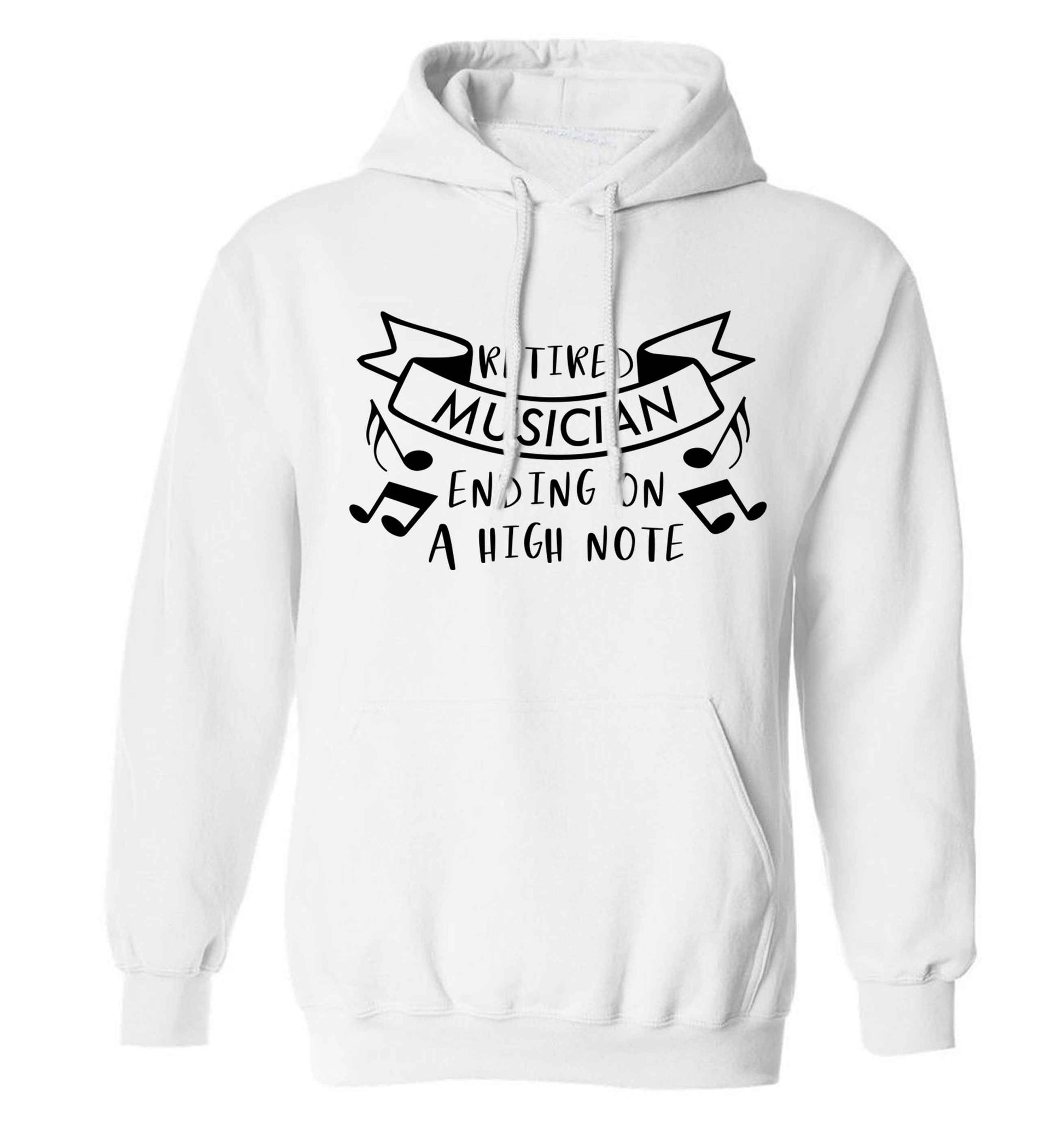 Retired musician ending on a high note adults unisex white hoodie 2XL