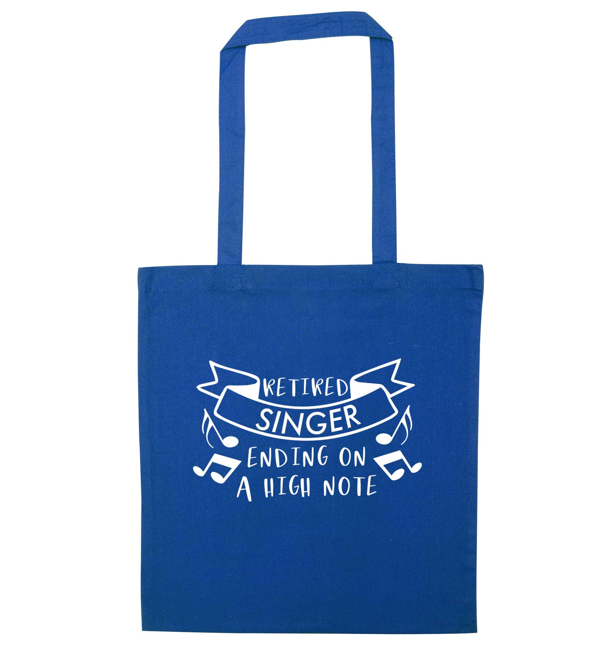 Retired singer ending on a high note blue tote bag
