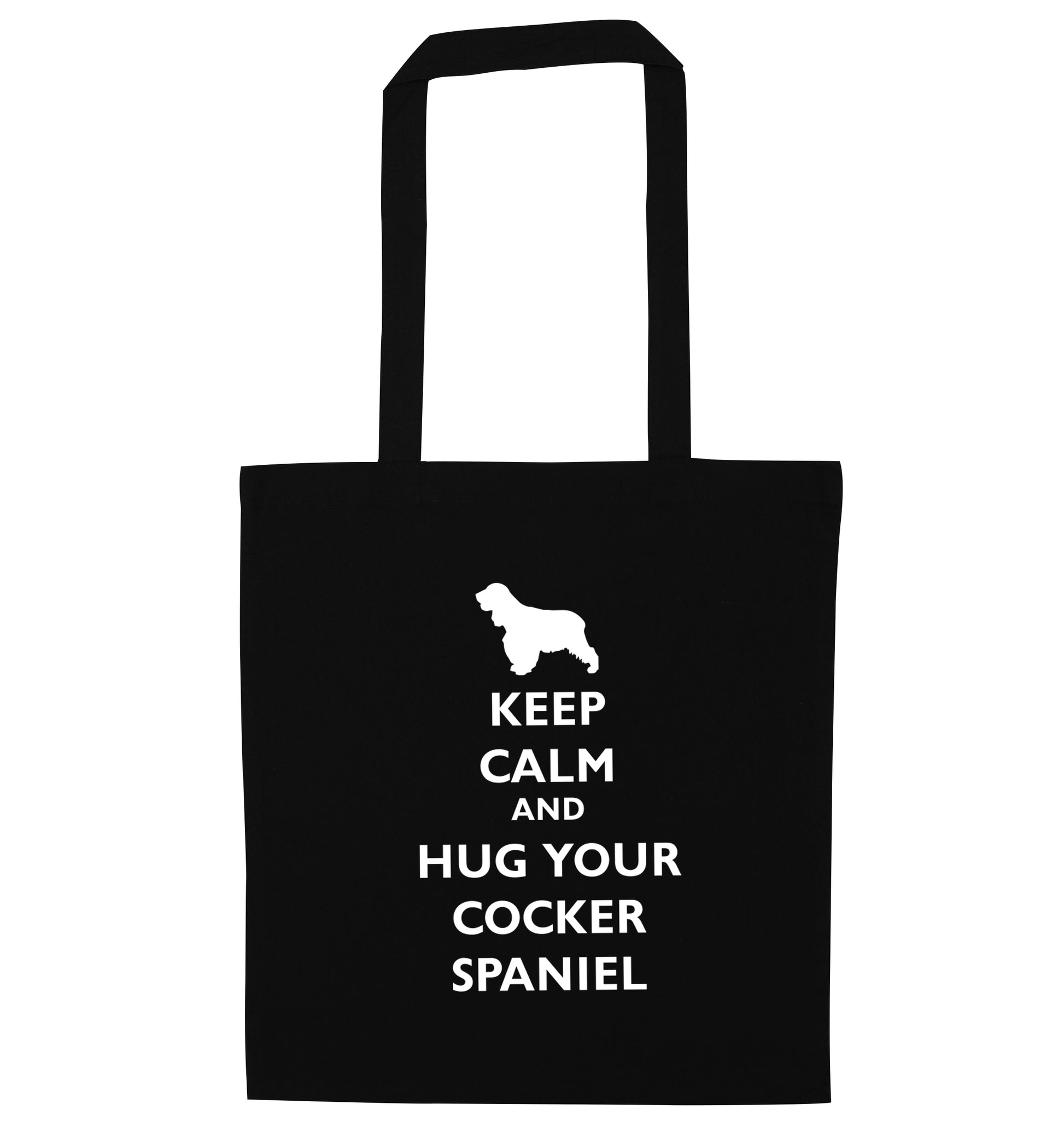 Keep calm and hug your cocker spaniel black tote bag