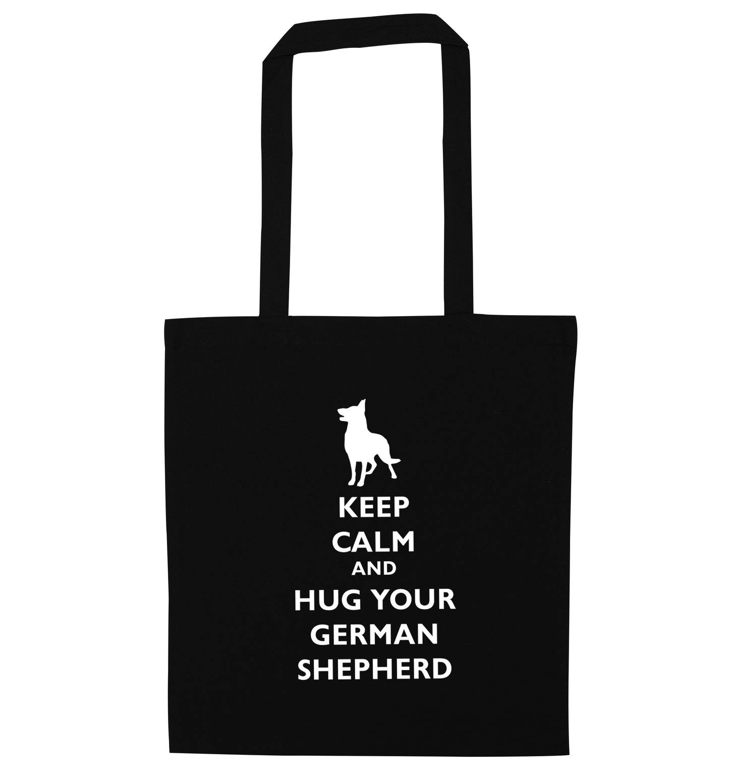 Keep calm and hug your german shepherd black tote bag