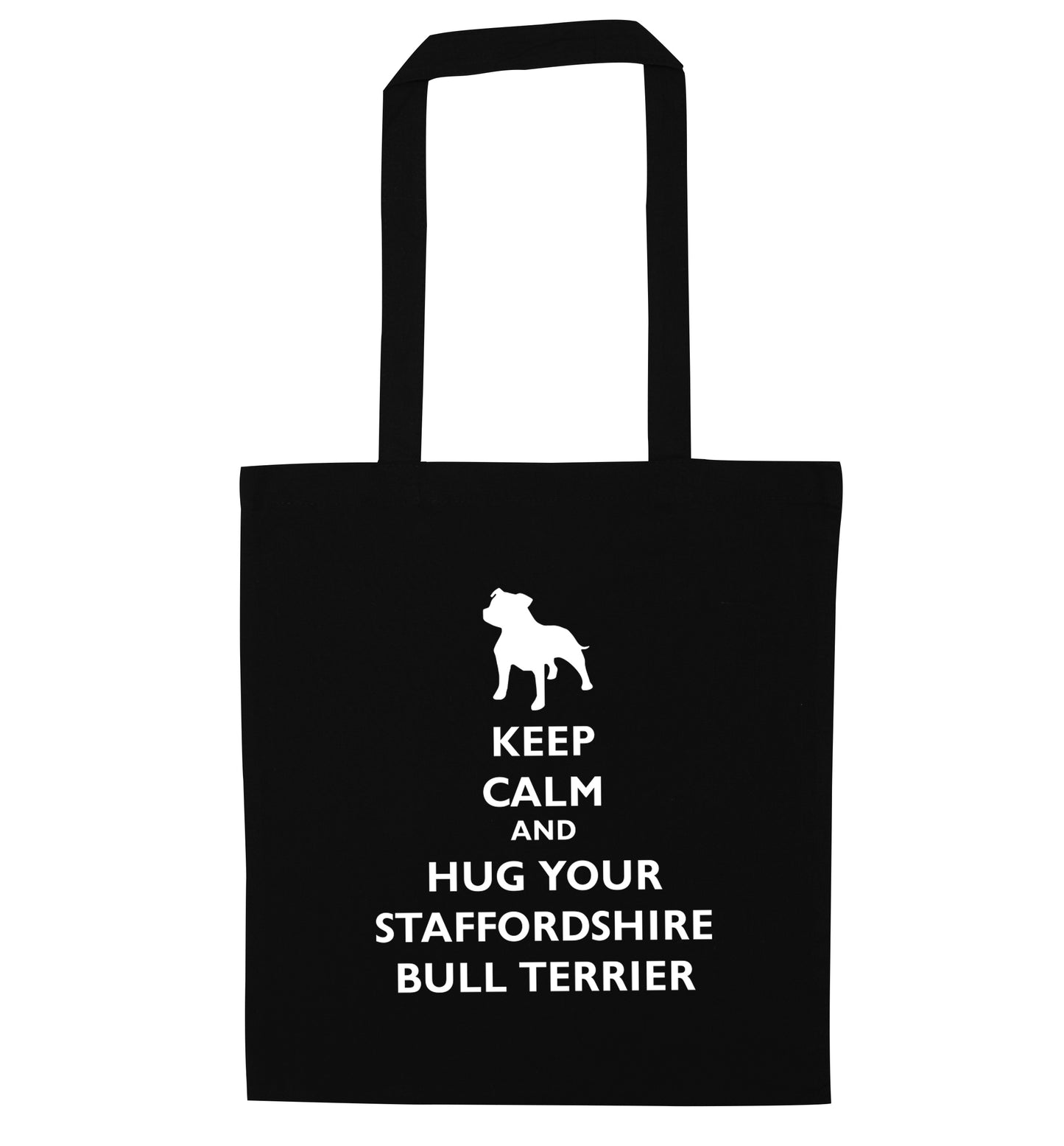 Keep calm and hug your bull terrier  black tote bag