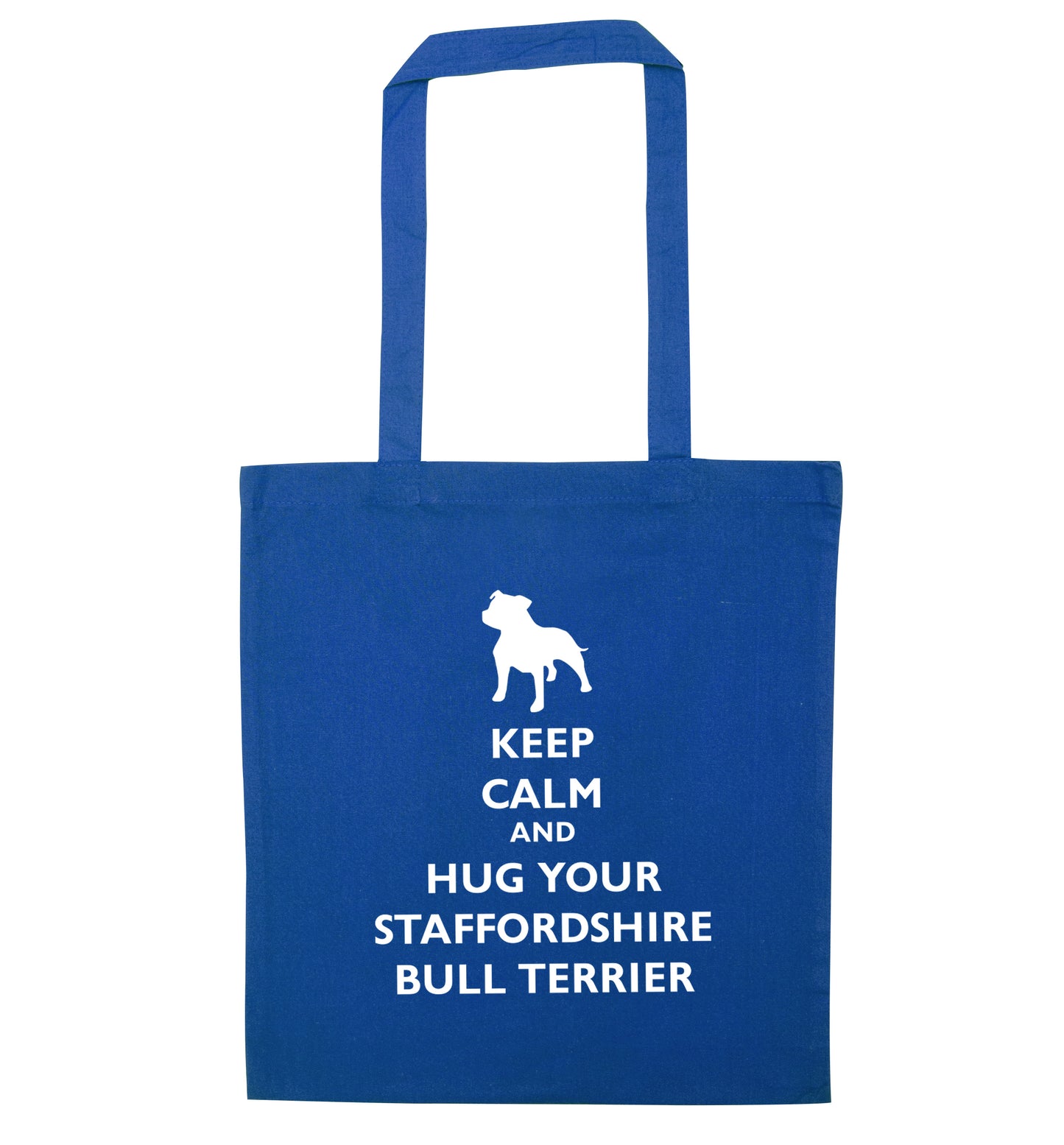 Keep calm and hug your bull terrier  blue tote bag