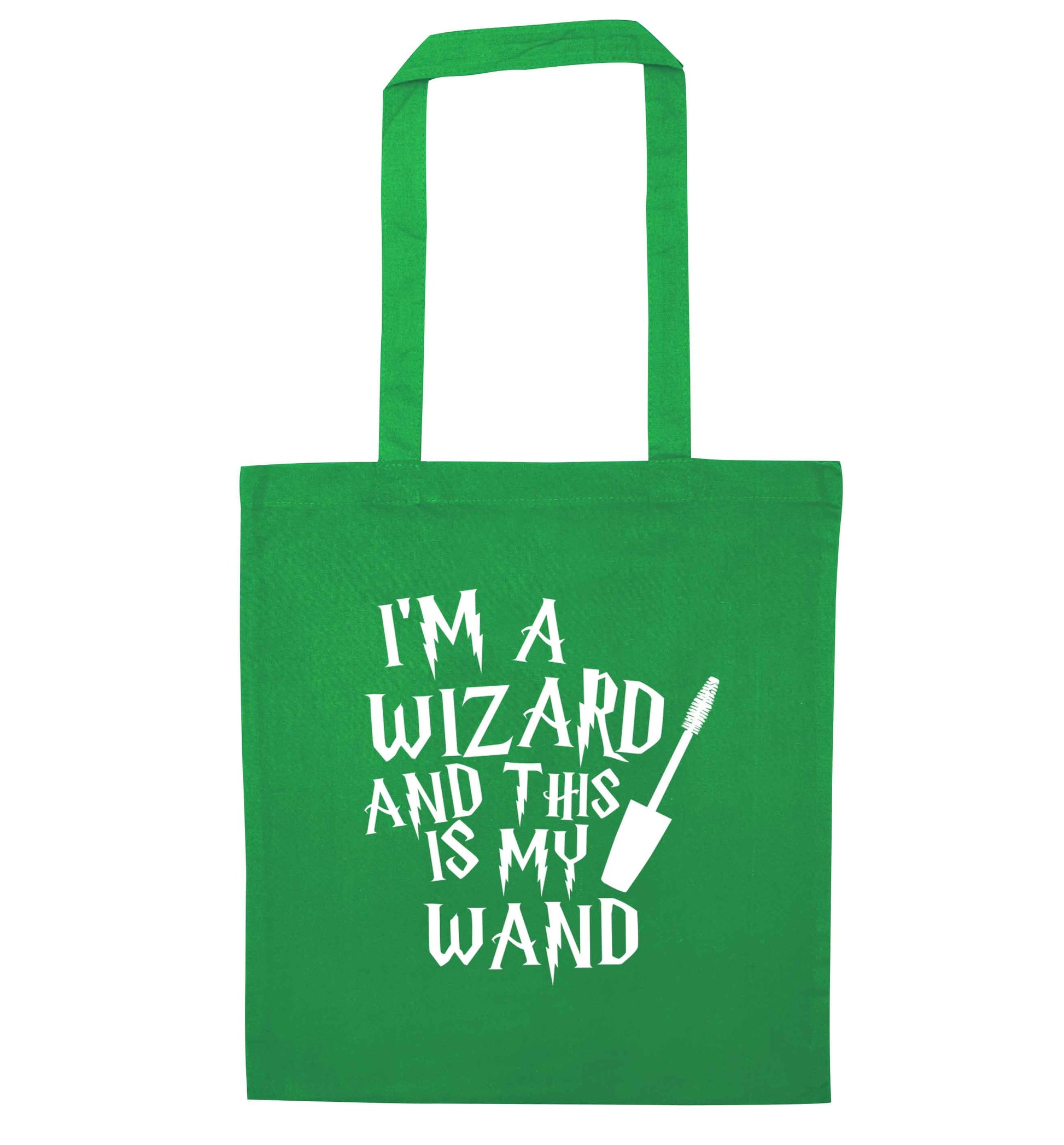 I'm a wizard and this is my wand green tote bag