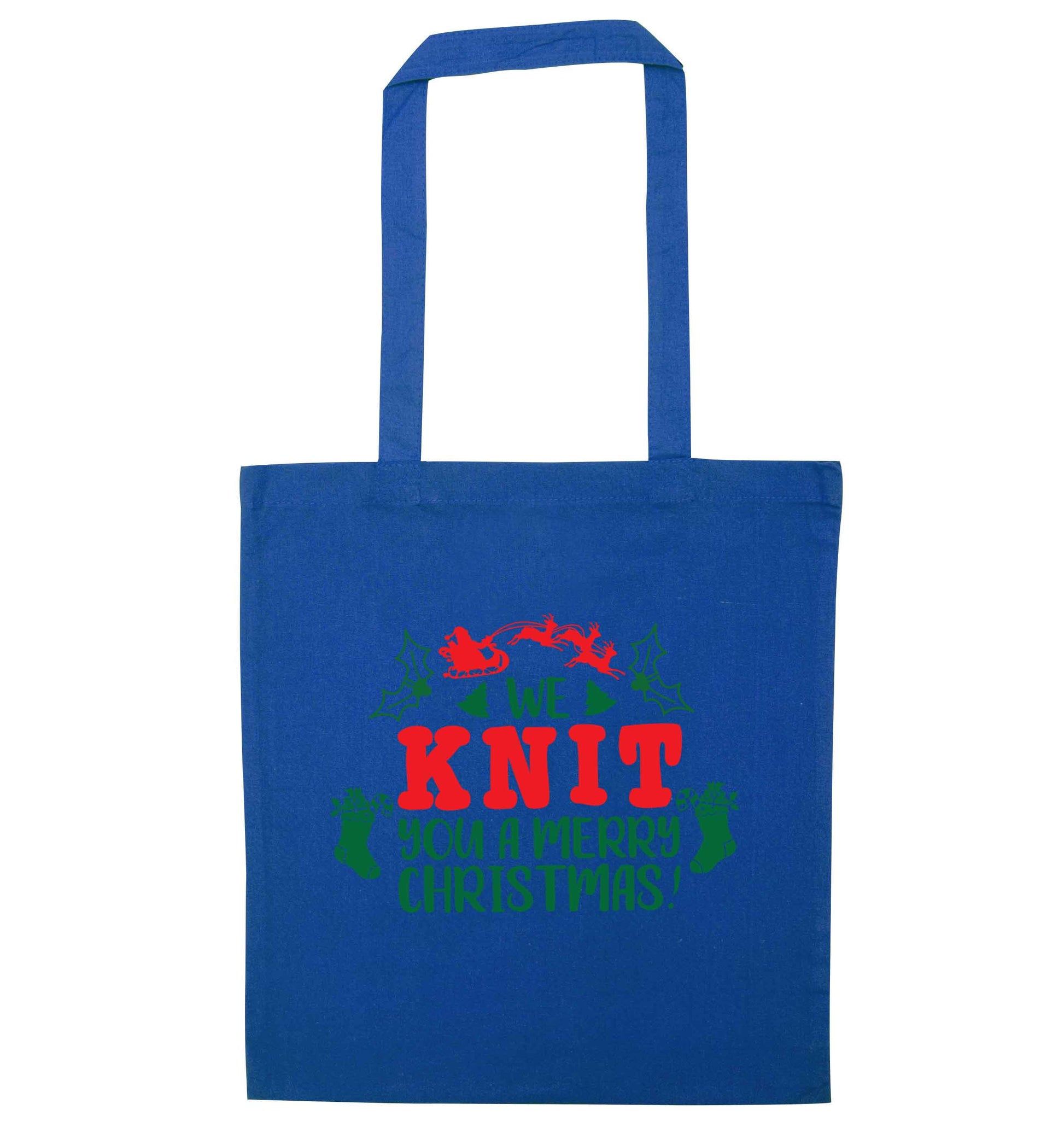 We knit you a merry Christmas blue tote bag