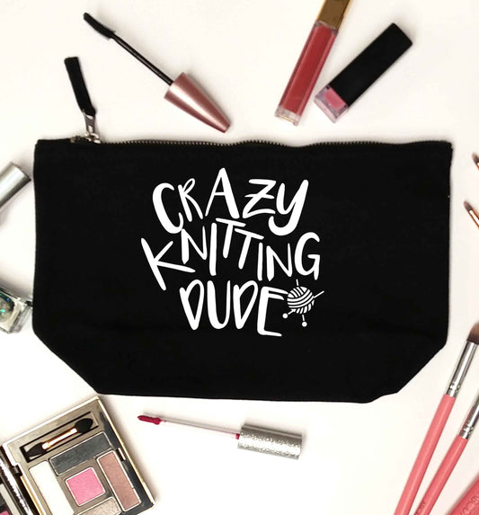 Crazy knitting dude black makeup bag