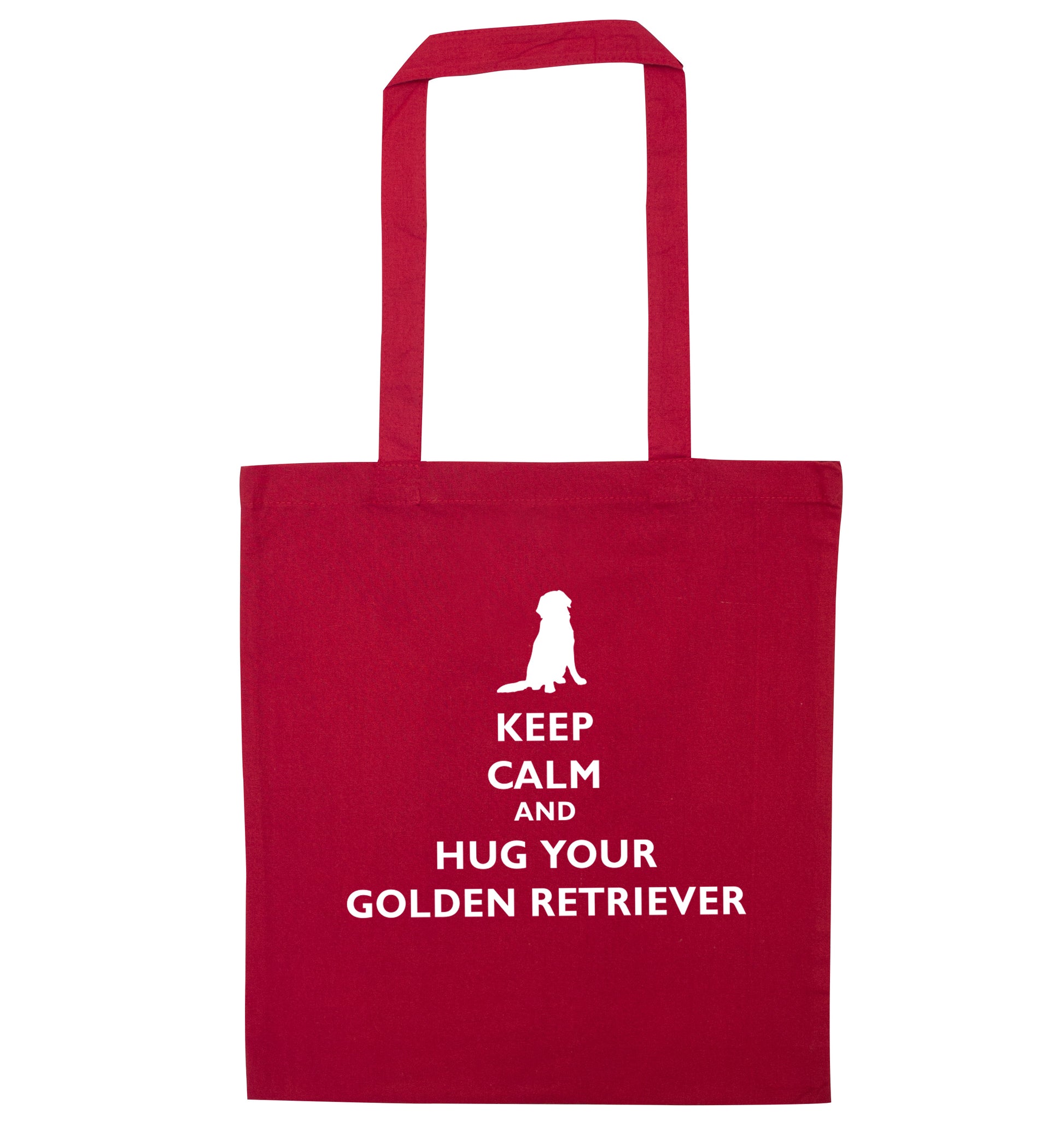 Keep calm and hug your golden retriever red tote bag