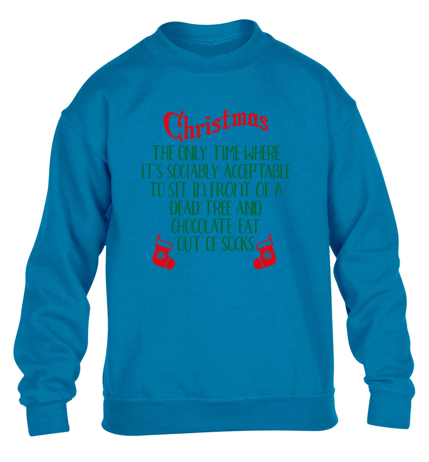 Christmas sit in front of a dead tree and eat chocolate out of socks children's blue sweater 12-13 Years