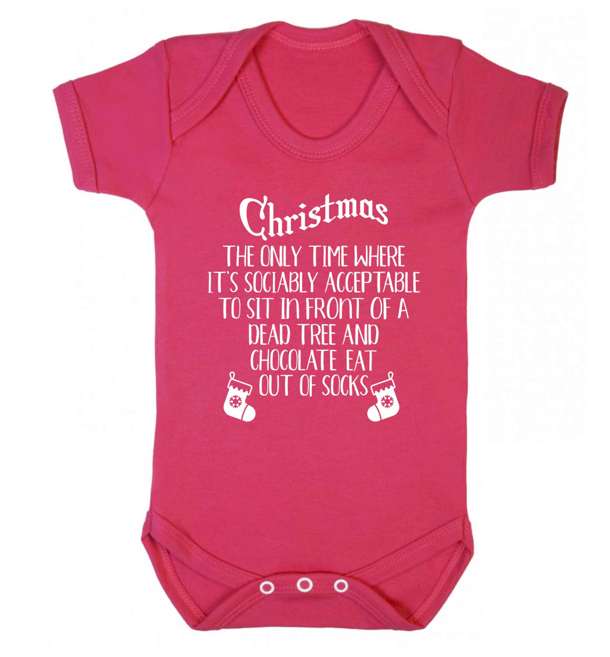 Christmas sit in front of a dead tree and eat chocolate out of socks Baby Vest dark pink 18-24 months