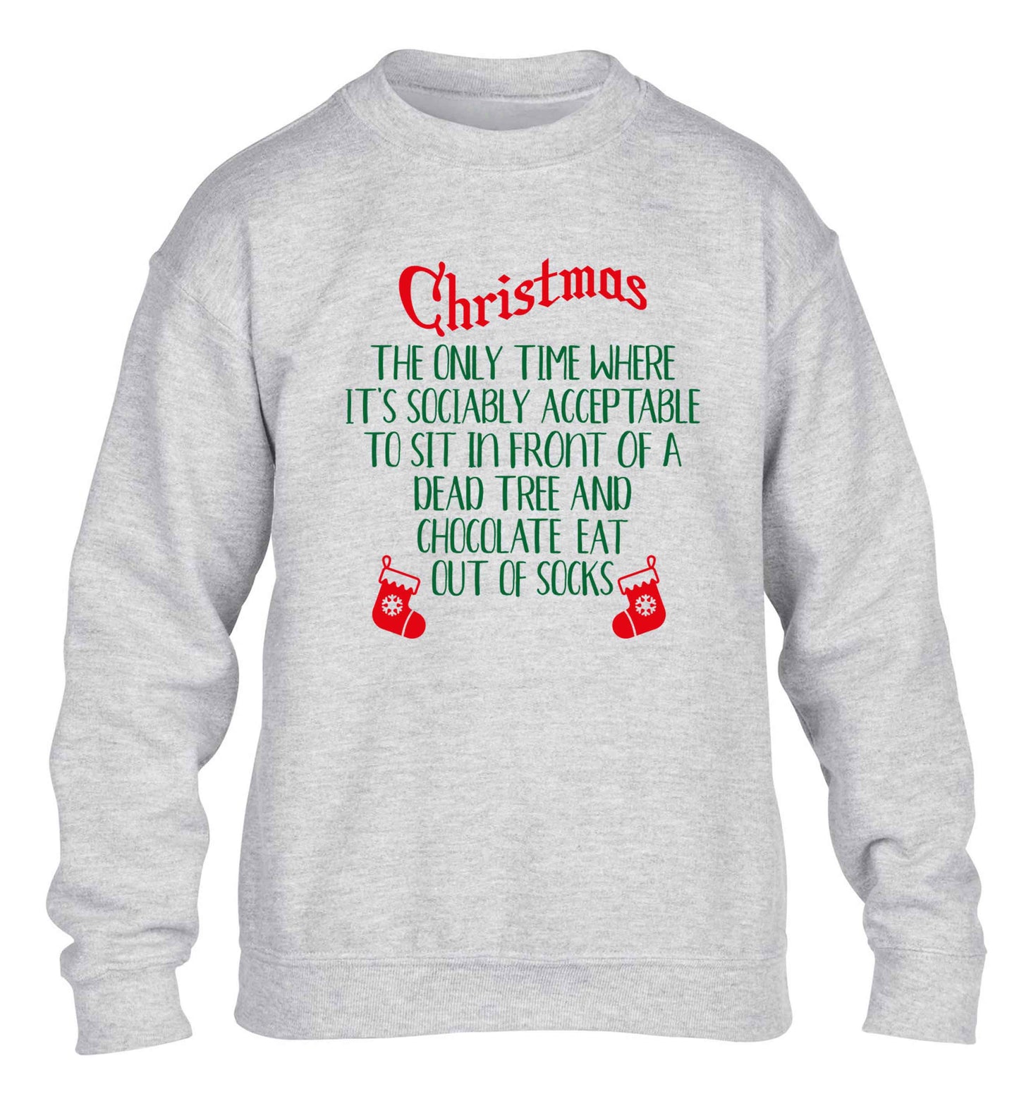 Christmas sit in front of a dead tree and eat chocolate out of socks children's grey sweater 12-13 Years