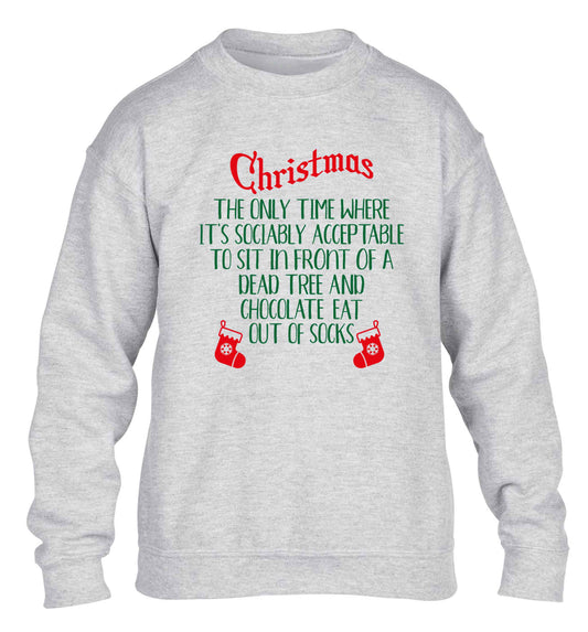 Christmas sit in front of a dead tree and eat chocolate out of socks children's grey sweater 12-13 Years