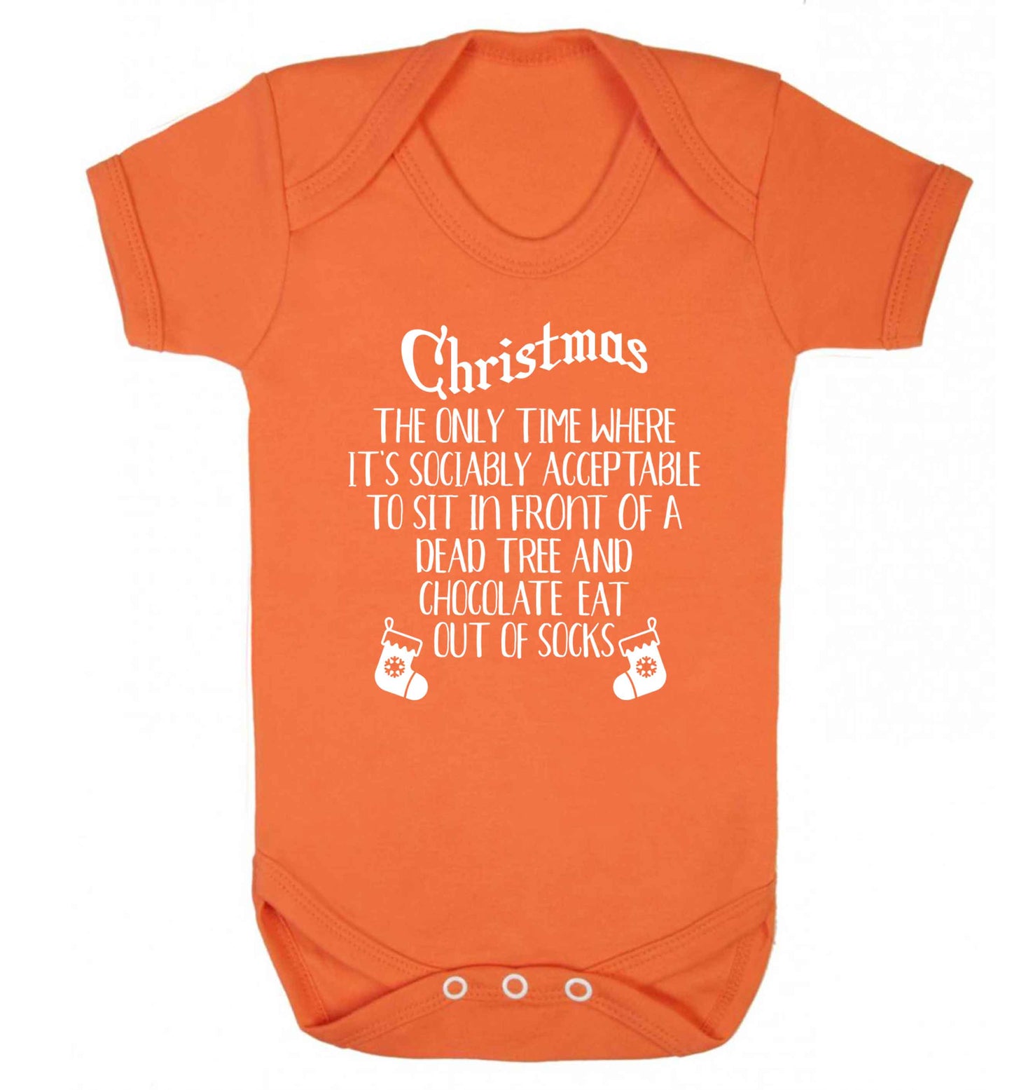 Christmas sit in front of a dead tree and eat chocolate out of socks Baby Vest orange 18-24 months