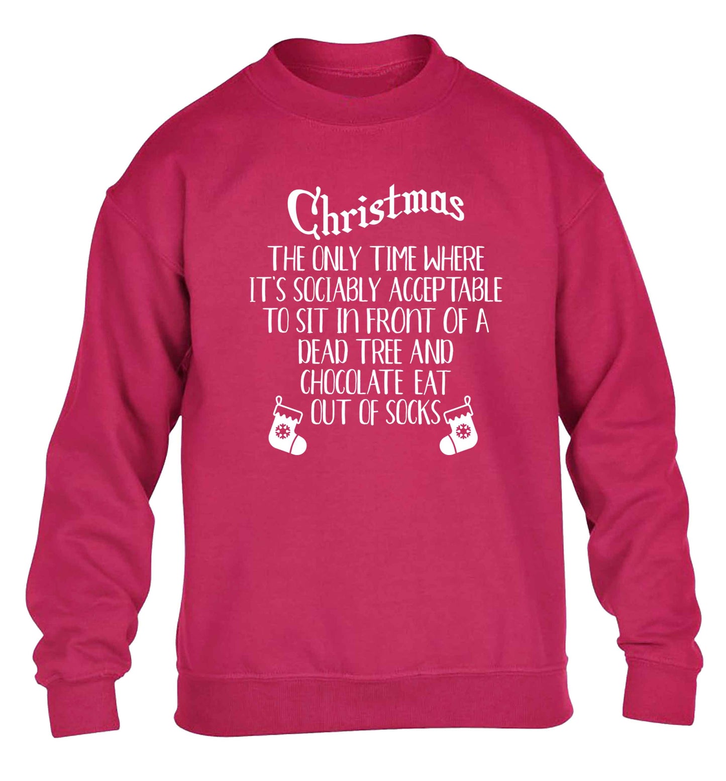Christmas sit in front of a dead tree and eat chocolate out of socks children's pink sweater 12-13 Years