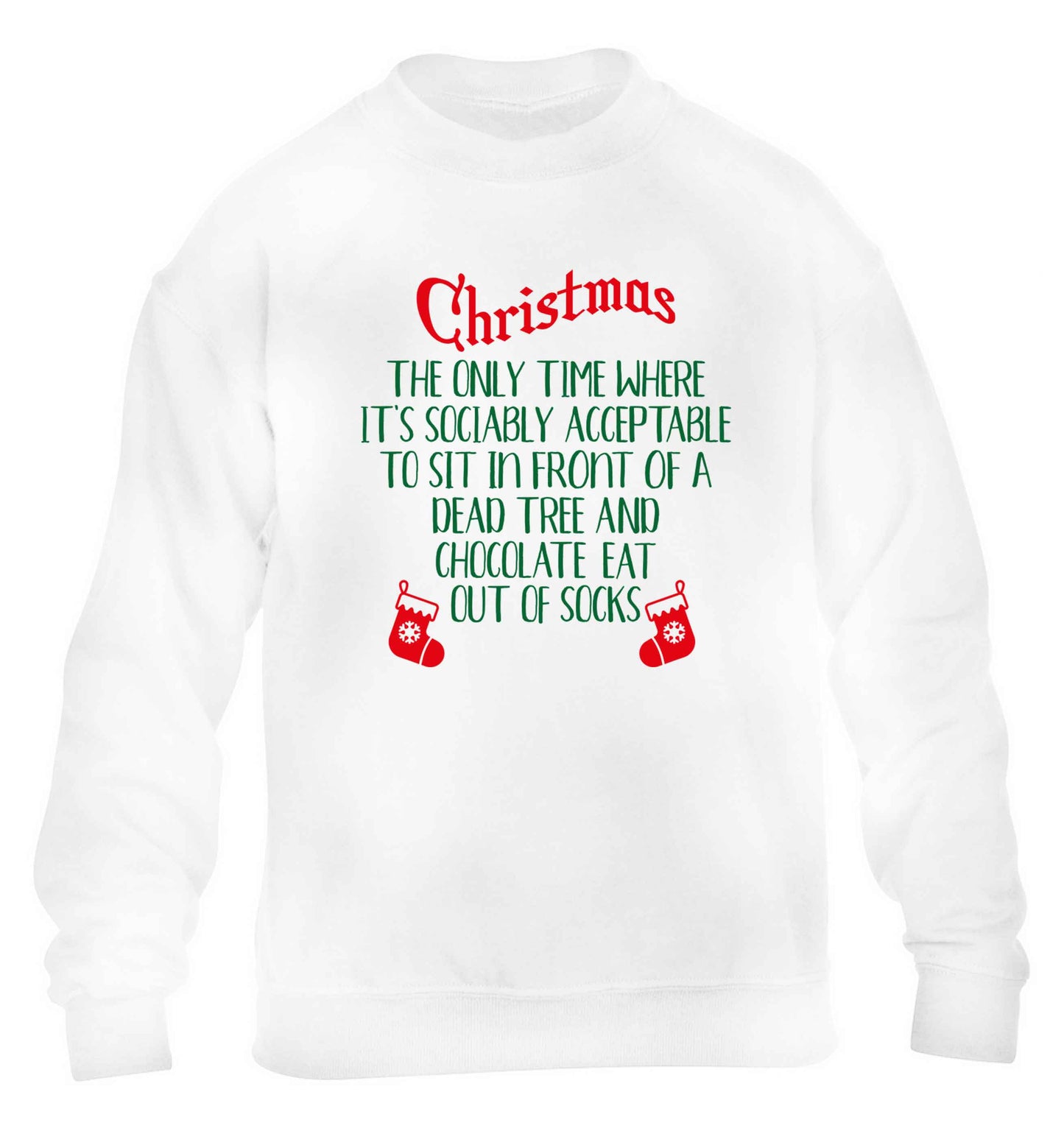 Christmas sit in front of a dead tree and eat chocolate out of socks children's white sweater 12-13 Years