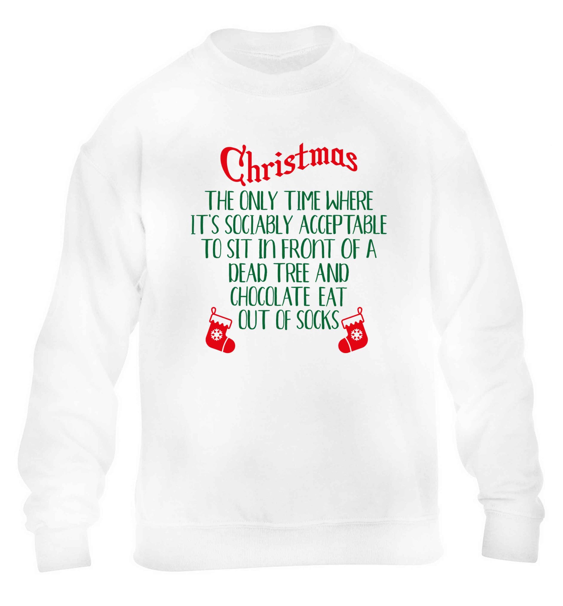 Christmas sit in front of a dead tree and eat chocolate out of socks children's white sweater 12-13 Years