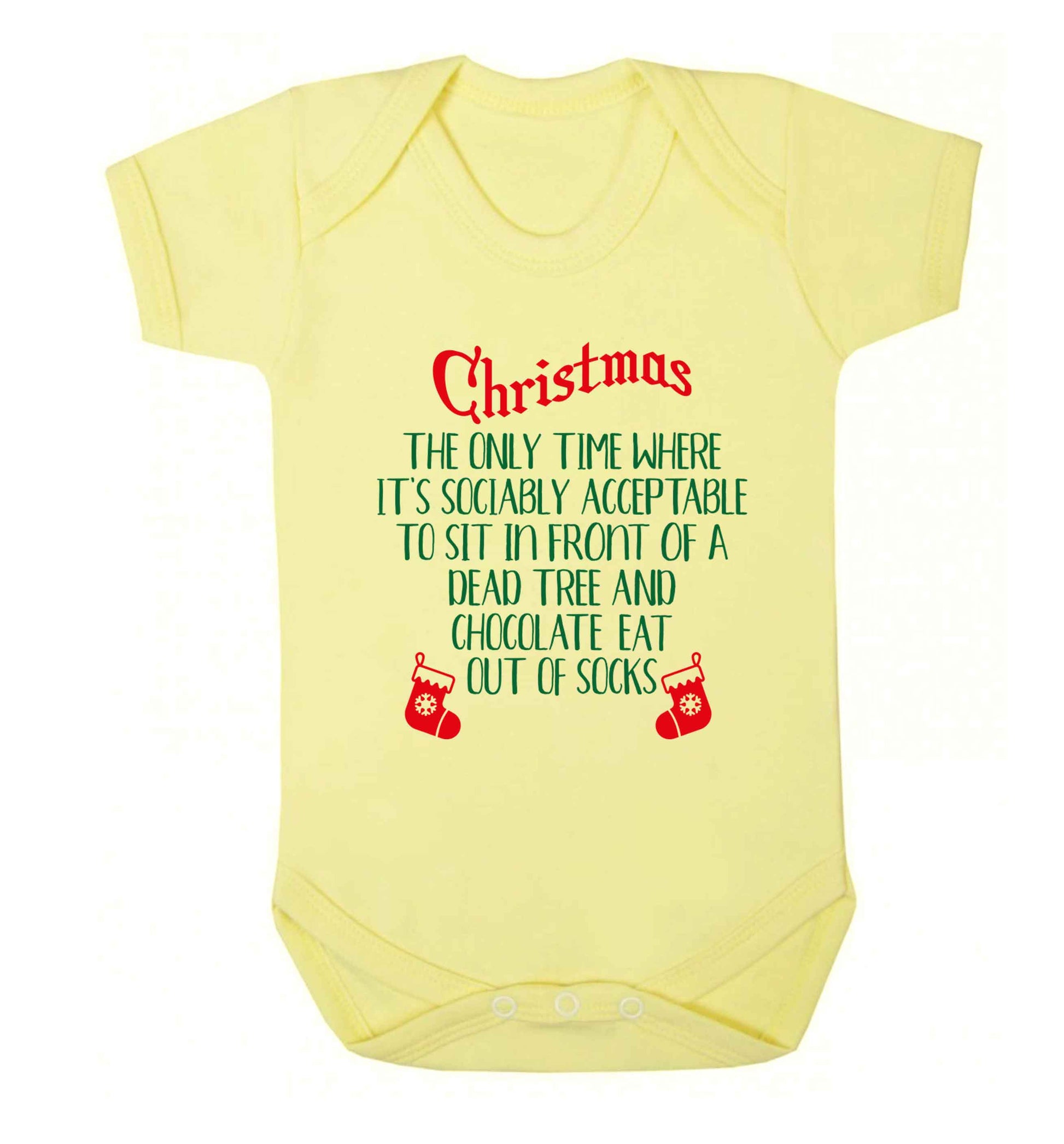 Christmas sit in front of a dead tree and eat chocolate out of socks Baby Vest pale yellow 18-24 months