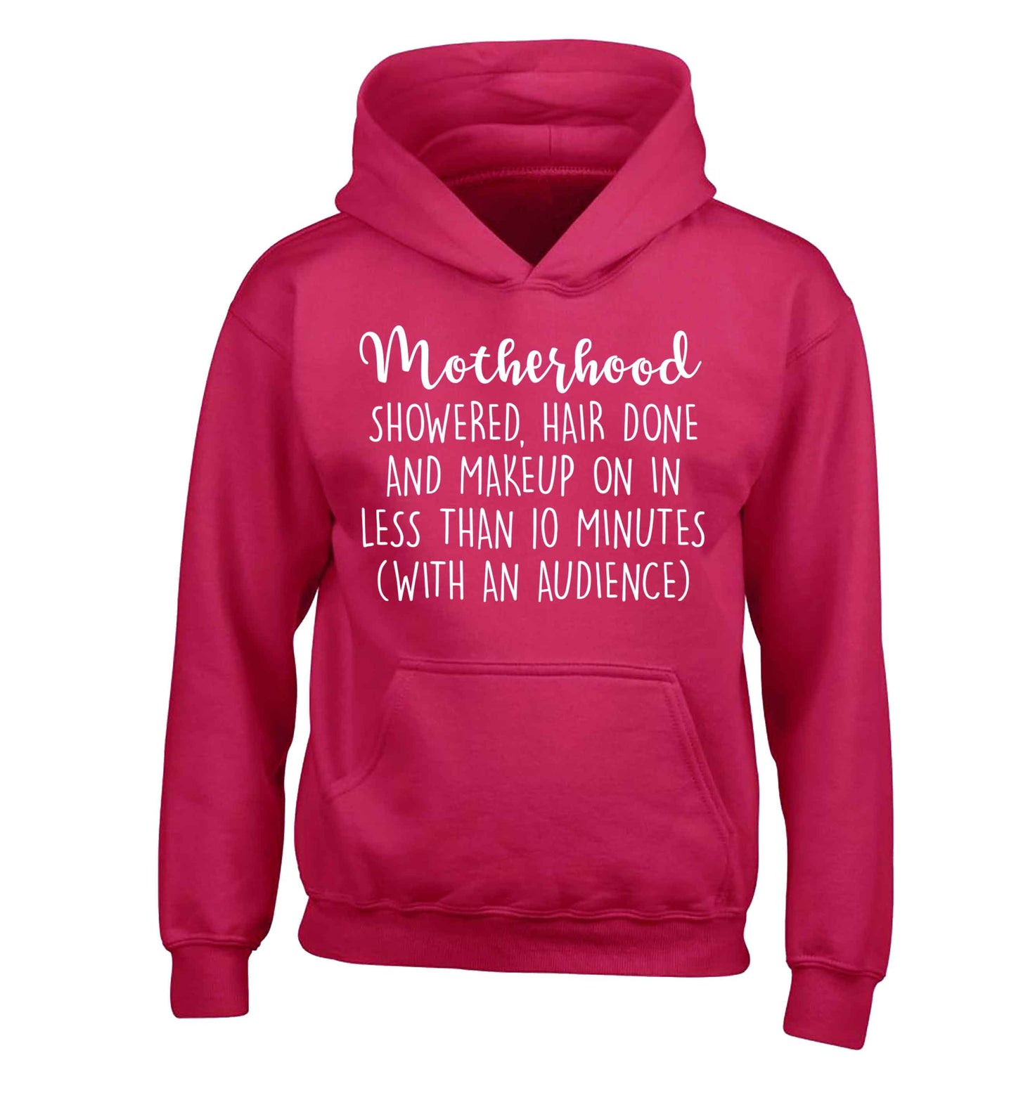 Motherhood, showered, hair done and makeup on children's pink hoodie 12-13 Years