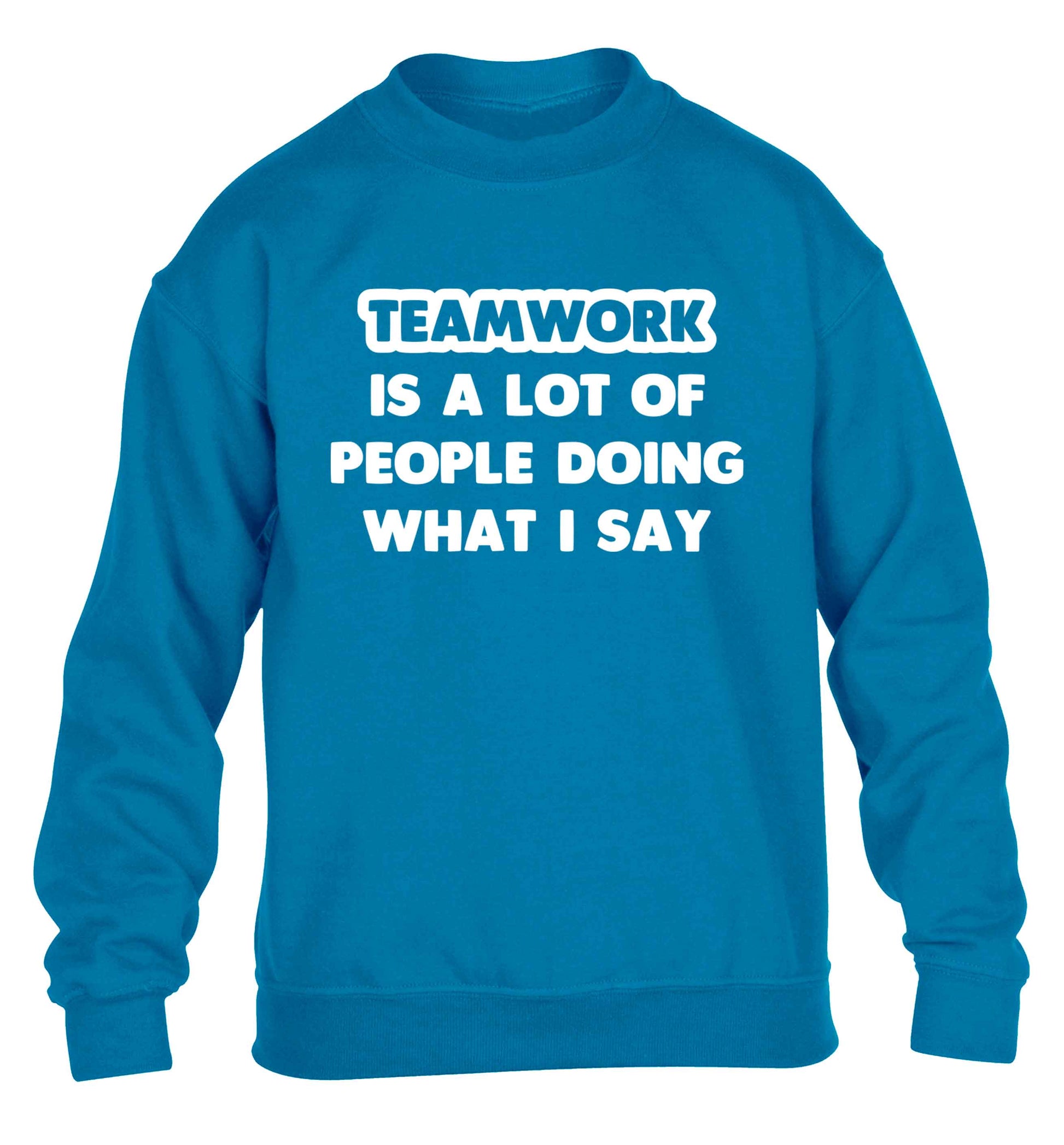 Teamwork is a lot of people doing what I say children's blue sweater 12-13 Years