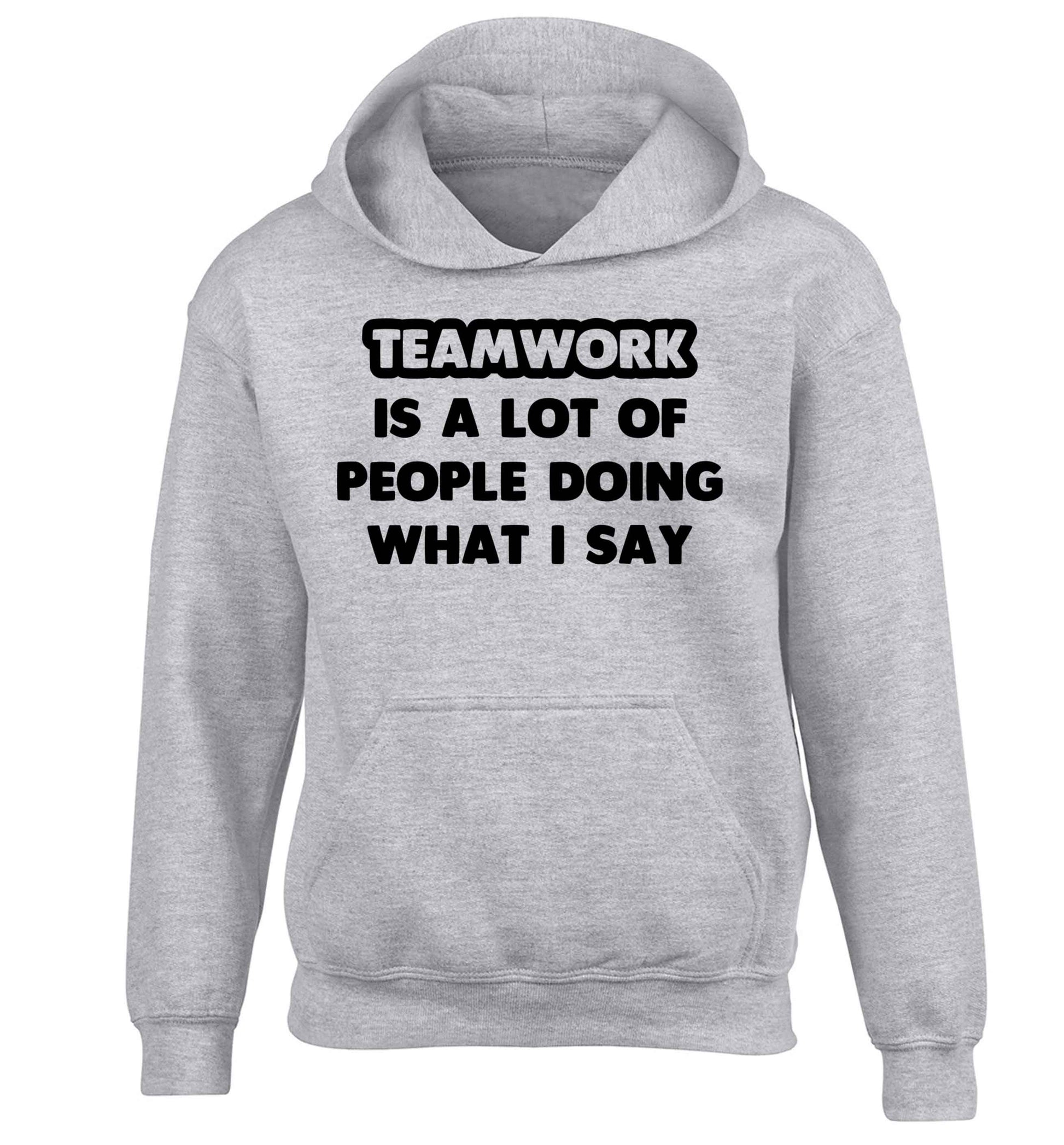 Teamwork is a lot of people doing what I say children's grey hoodie 12-13 Years