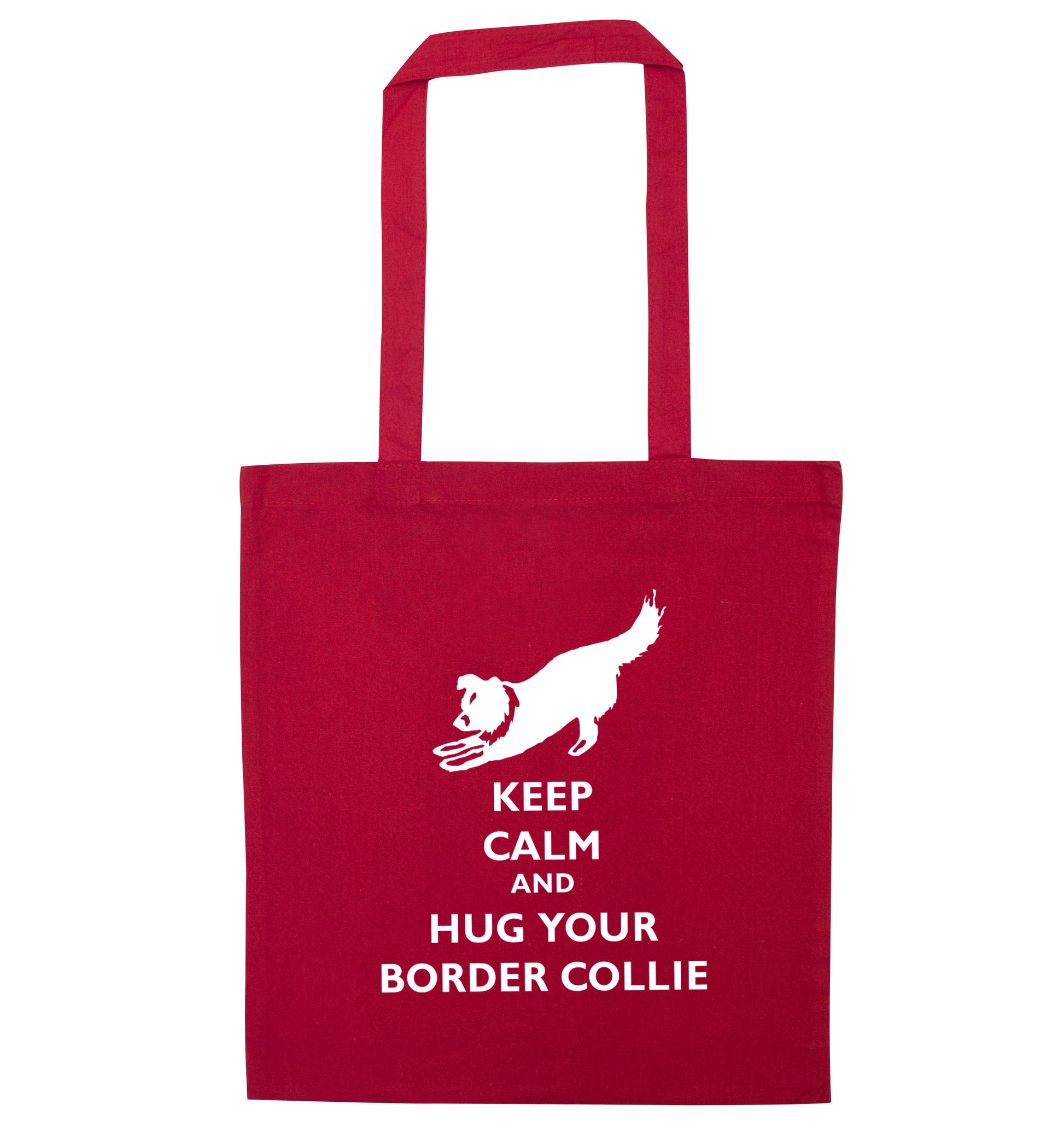 Keep calm and hug your border collie red tote bag