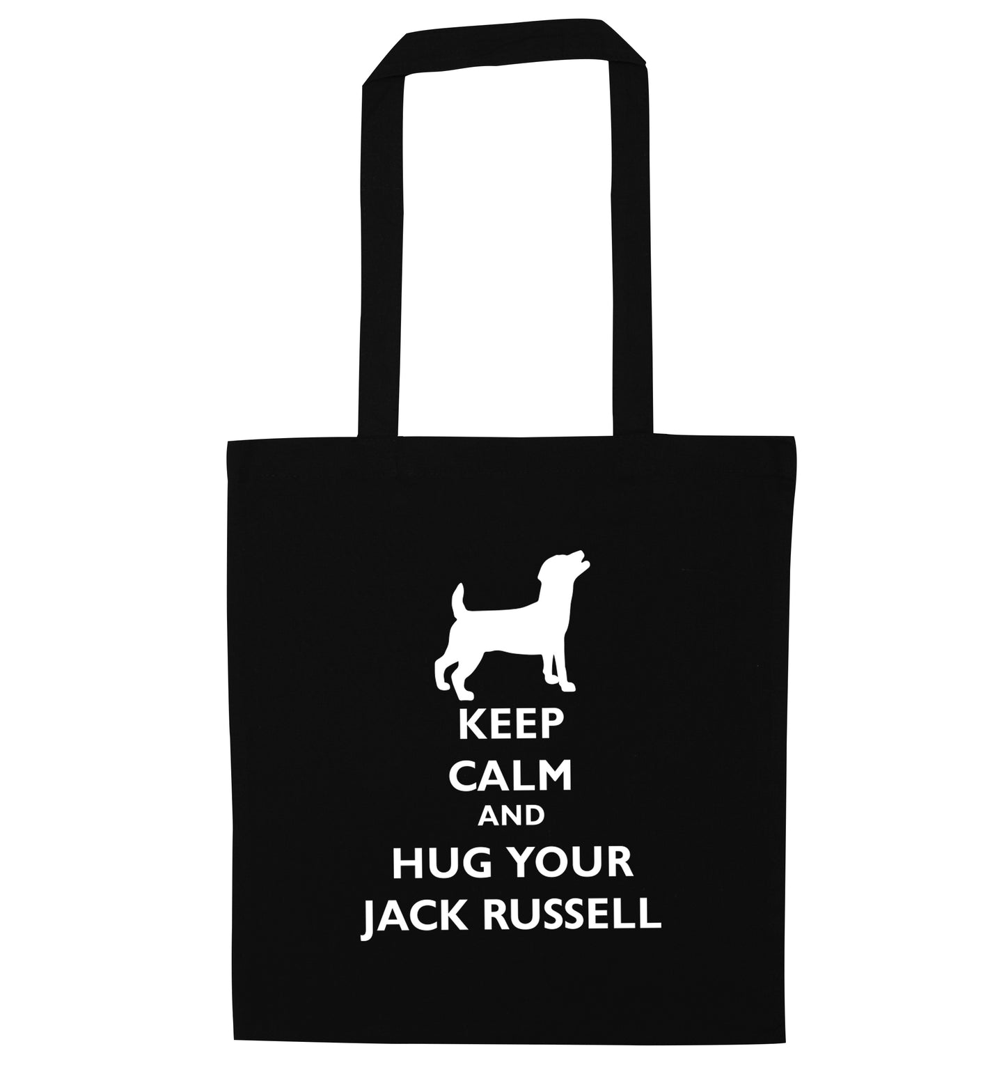 Keep calm and hug your jack russell black tote bag