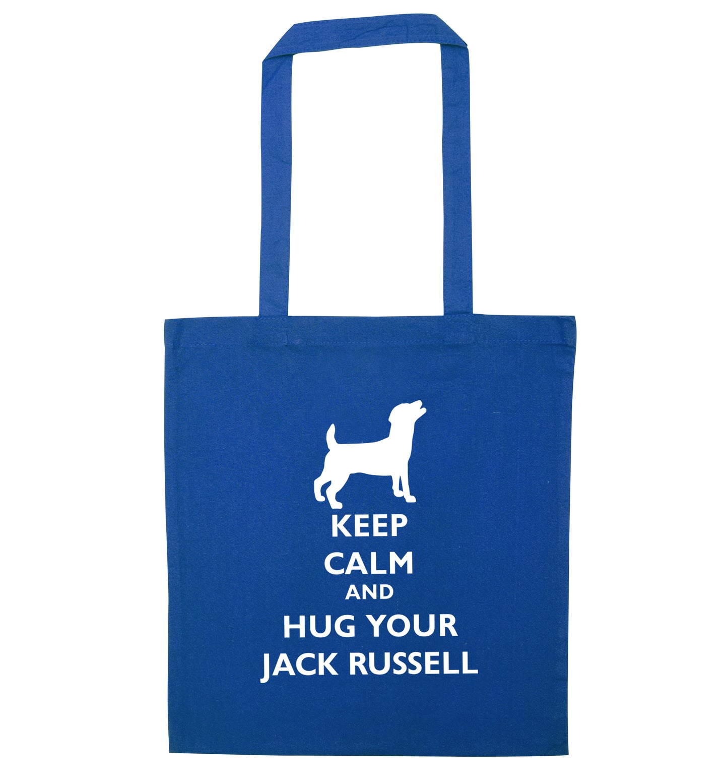 Keep calm and hug your jack russell blue tote bag