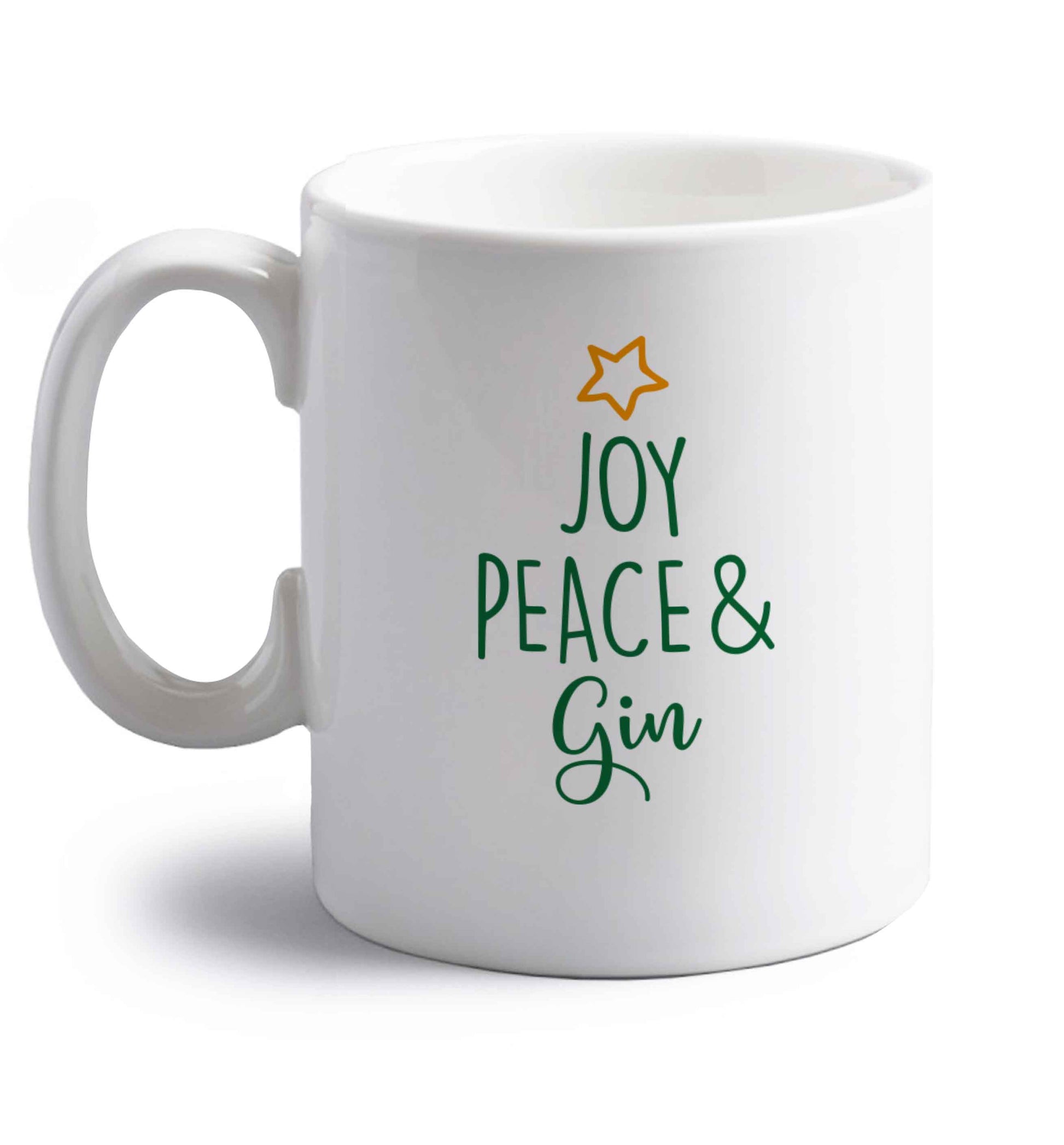 Joy peace and gin right handed white ceramic mug 