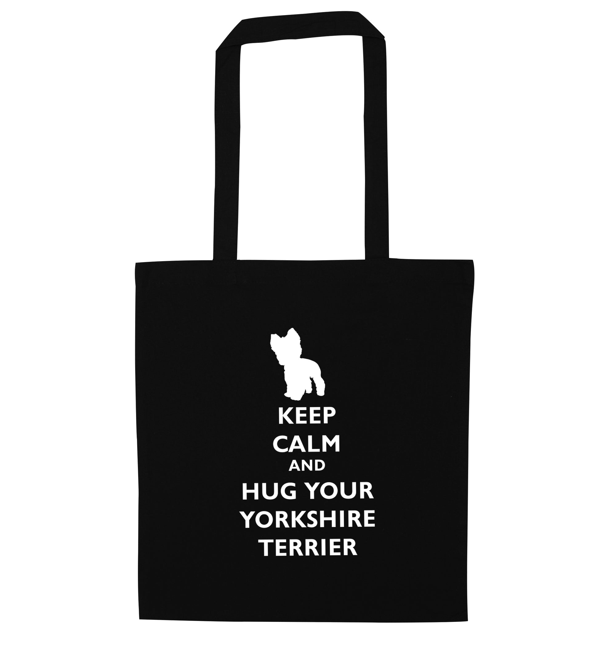 Keep calm and hug your yorkshire terrier black tote bag