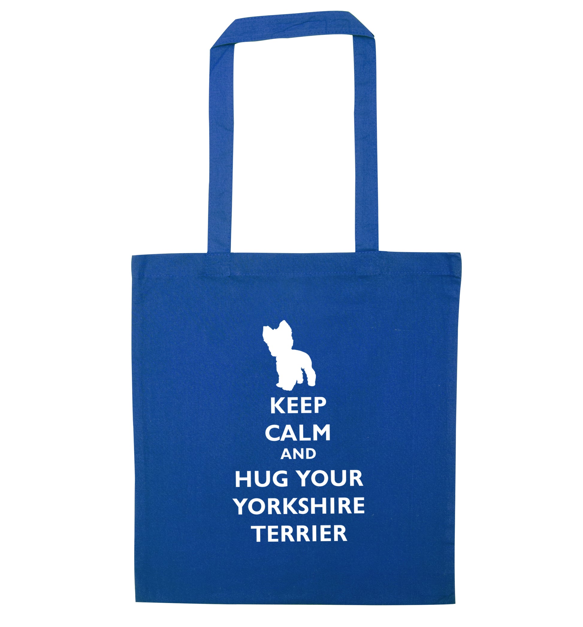 Keep calm and hug your yorkshire terrier blue tote bag